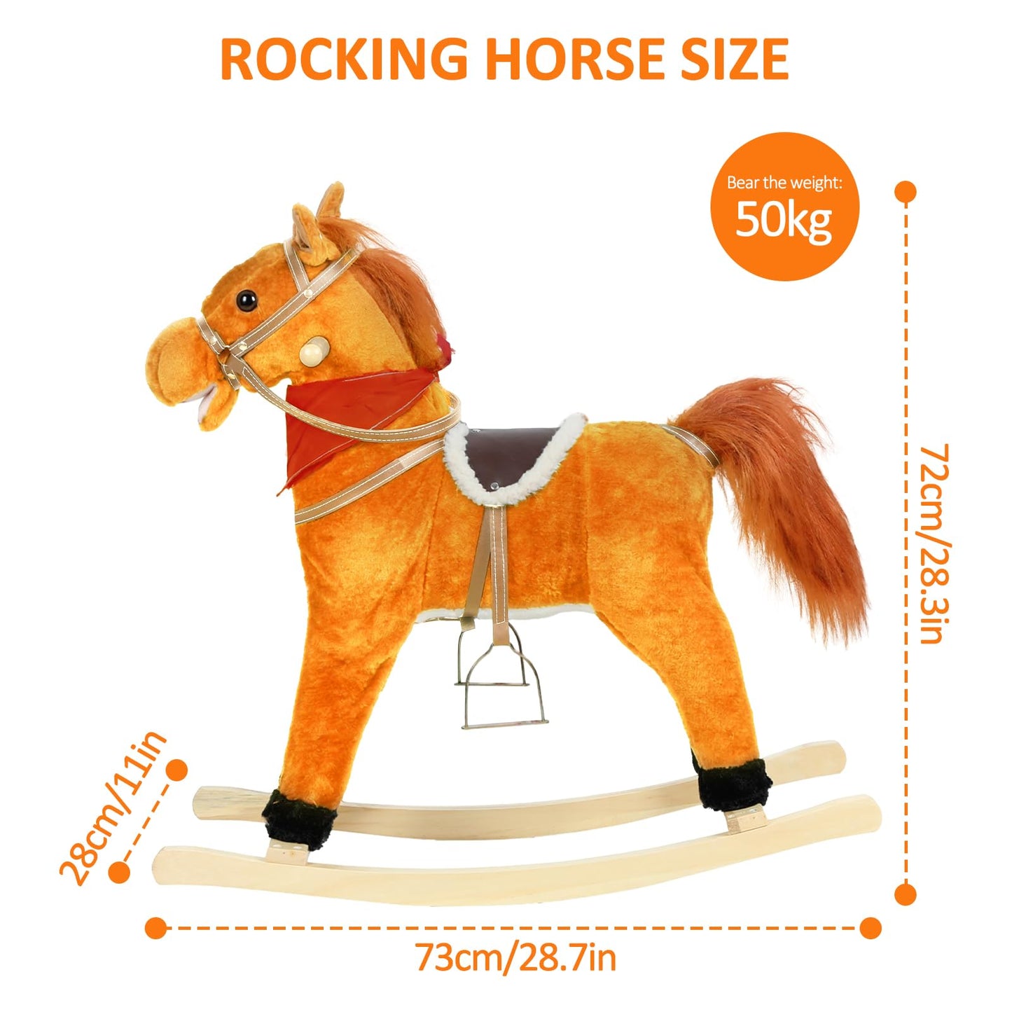 JENPECH Rocking Horse Toy for Kids Plush Ride on Animal with Wooden Rockers, Moving Mouth and Wagging Tail, Musical Sounds, Baby Rocking Chair, 120kg Weight Capacity, Ages 1-6 Light Brown Middle