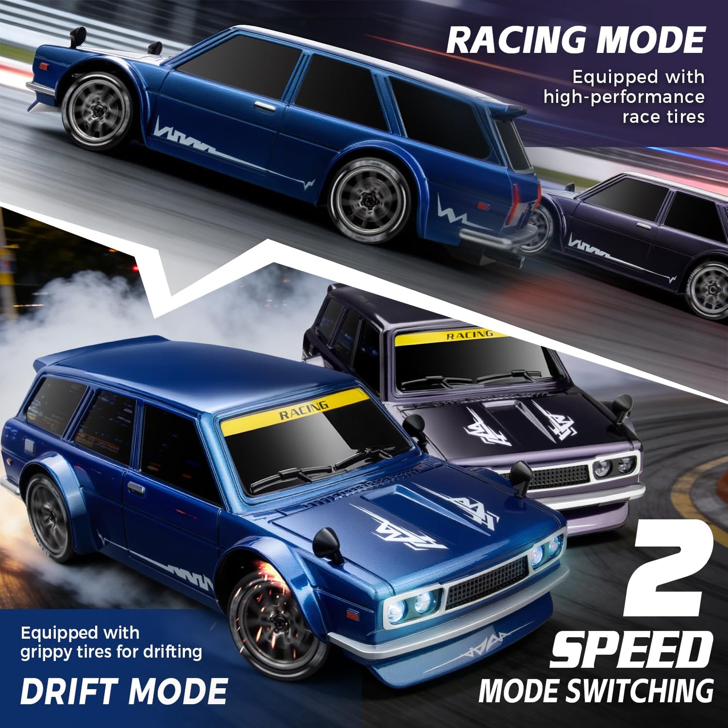 Nowzeth RC Drift Car, 1/24 Remote Control Drift Car for Adults Kids, 20KM/H 4WD Low/High Speed RC Cars with LED Lights, Extra Drifting Tires, Vehicle for Boys Girls Beginners Indoors Outdoors Blue