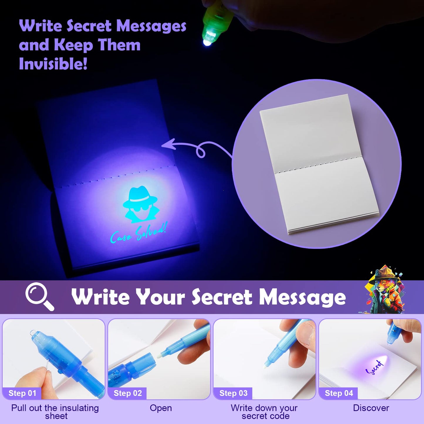 DazSpirit 32 Pack Invisible Ink Pens with UV Light, Detective Notepads & Gift Bags, Classroom Prizes, Treasure Box Fillers, Goodie Bag Stuffers, Spy Party Favors for Kids 8-12, Prize Box Toys