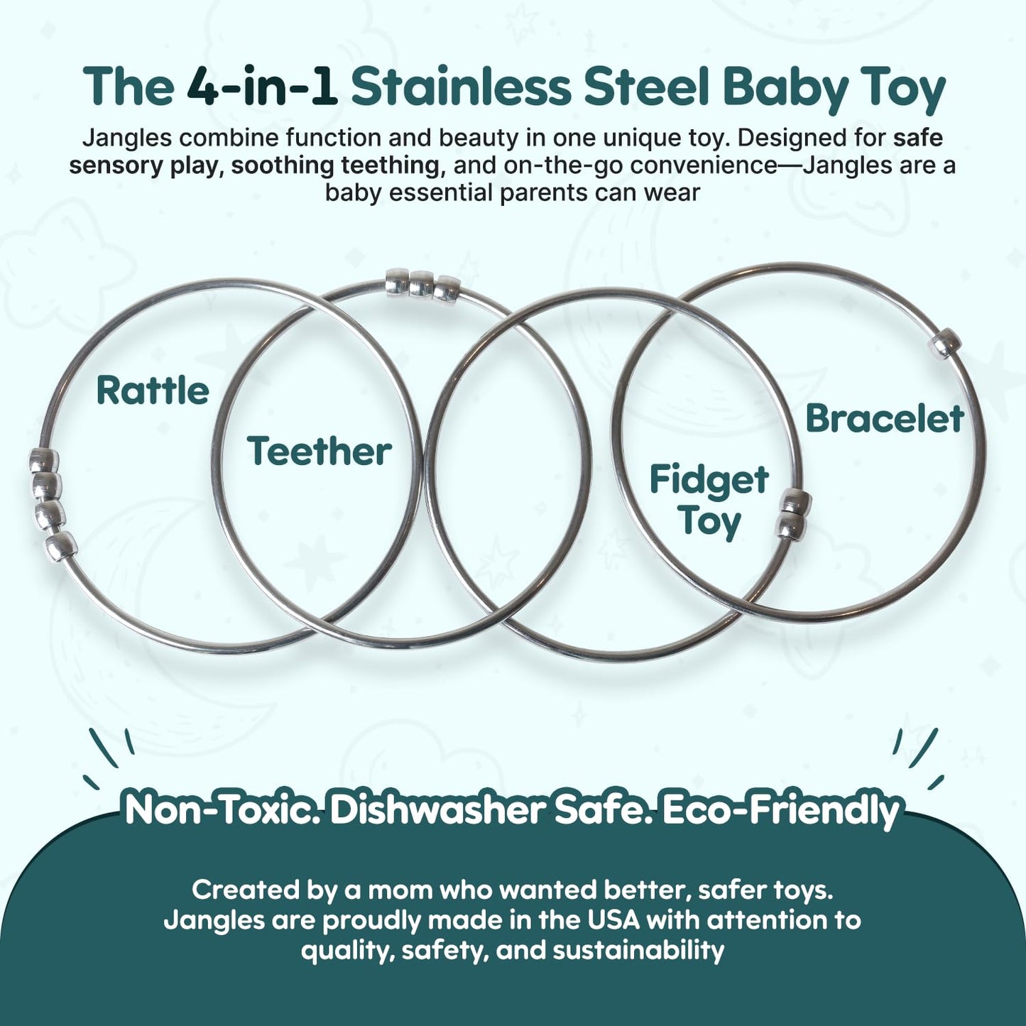 Jangles - Made in USA Stainless Steel Baby Rattle, Teether, Teething Bracelet & Fidget Toy – Heirloom Quality, Safe, Non-Toxic, BPA-Free – Ideal for Teething, Sensory Play & Early Development