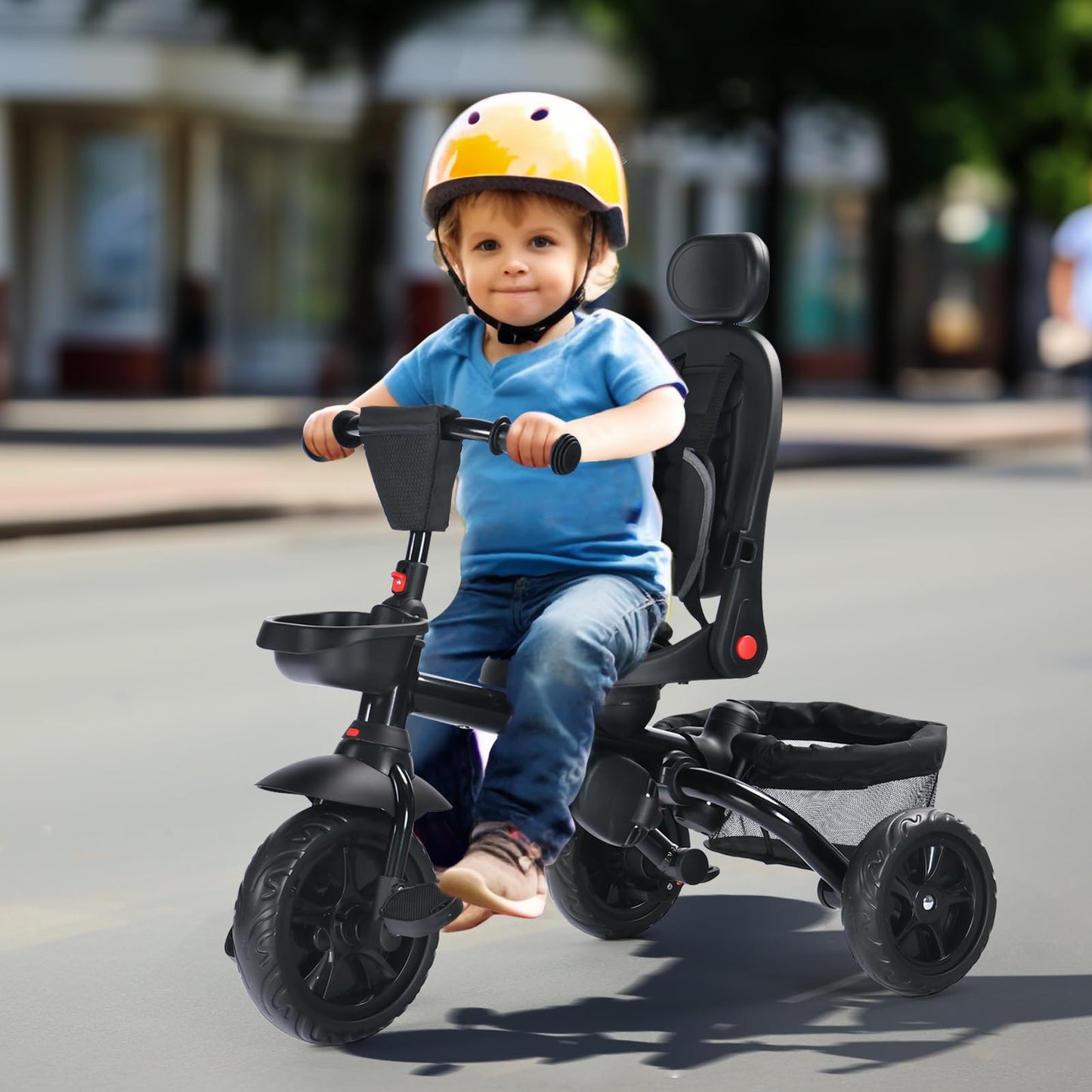 TODEFULL Folding Kids' Tricycle, 8 IN1 Baby Trike W/Removable Canpoy&Parental Push Rod, Toddler Bike Stroller for Kids 1-5 Years, 360° Swivel Seat, EVA Wheels，Storage Basket, Black