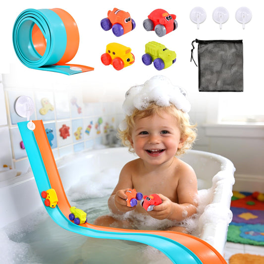 Race Car Bath Toy Set, Flexible Race Track with 4 Cars and Suction Cup, Flex Car Track Bathtub Toys, DIY Cars Bath Toys Gifts for Boys Girls Ages 3+