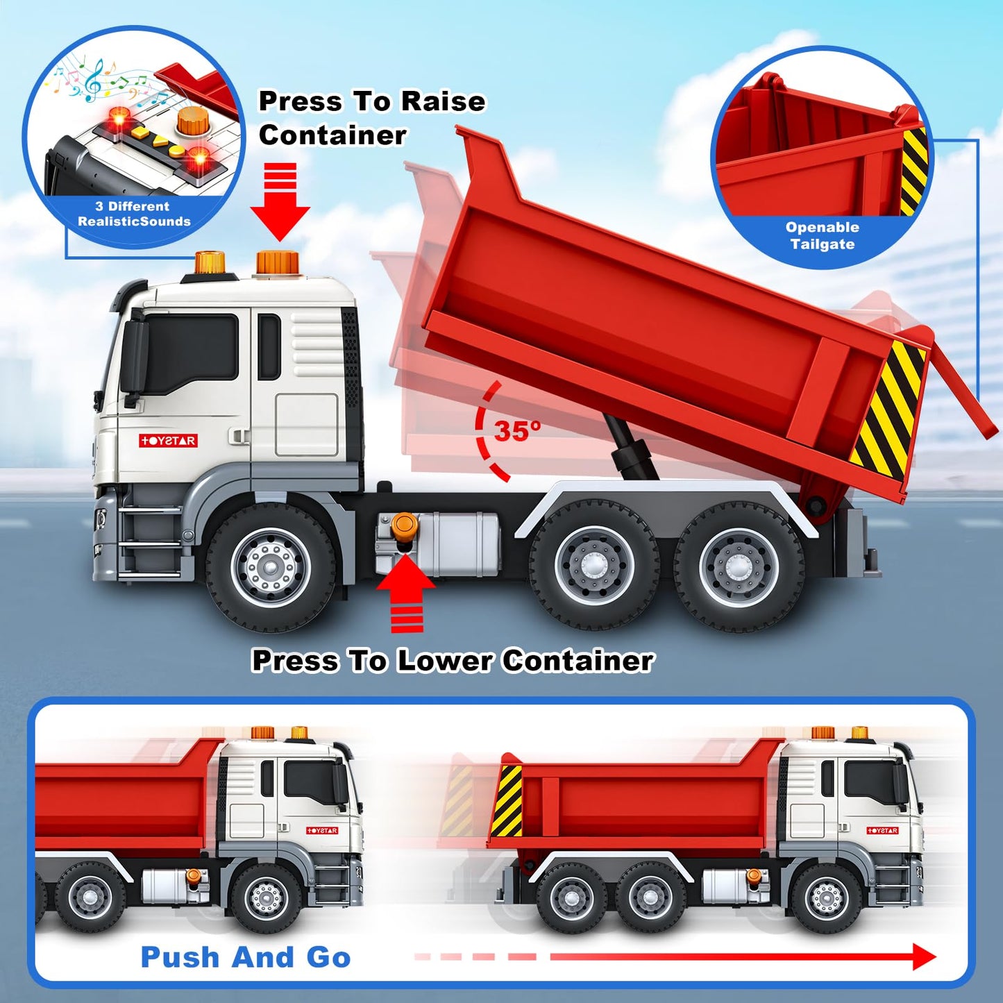 SpringFlower Dump Truck Toy for 3 4 5 6 7 Years Old Boy, Toy Dump Trucks Vehicle Toy with Sound and Light, Kids Toddlers Red Dump Truck Birthday Gifts for Boys & Girls