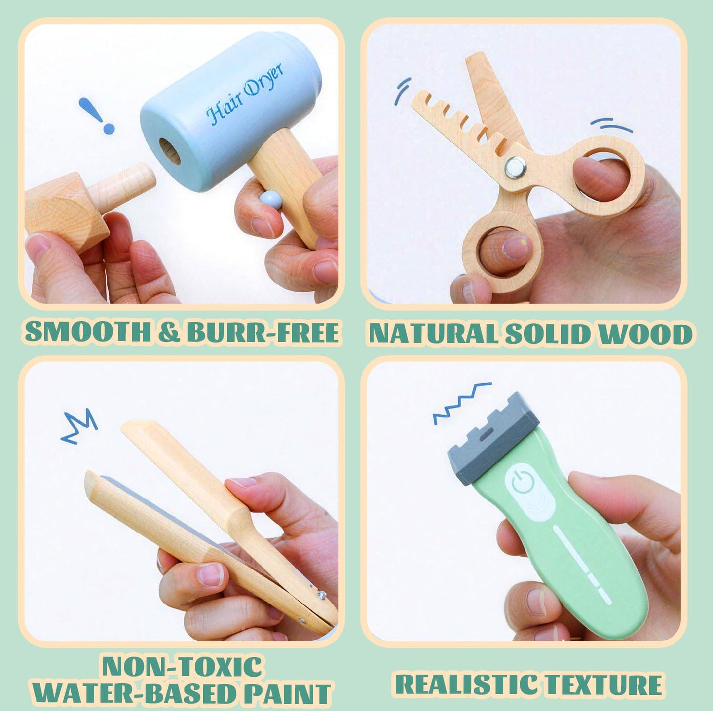 Wooden Makeup Toy Set -Hair Salon Toys - Kids Pretend Play -Beauty Salon Hair Kit - Functional Stylist Accessories with Hair Dryer Curling Iron - Christmas & Birthday Gift for Children