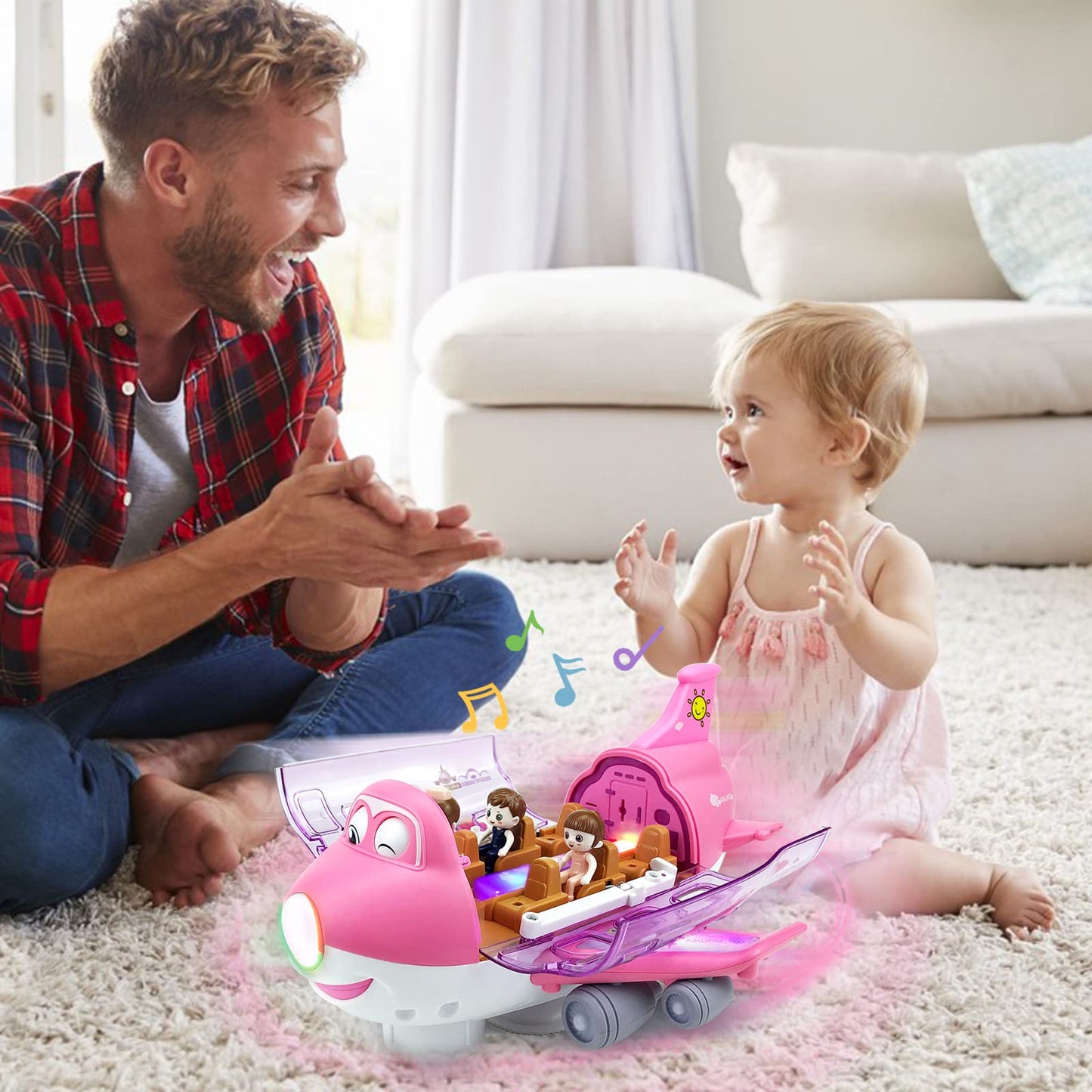 Ynybusi Pink Airplane Toys for Toddlers 1-3-5, Toy Airplane for 4-8 Year Old Boys Girls Birthday, Toddler Toys Bump and Go Action Air Plane with LED Flashing Lights & Sounds (Pink)