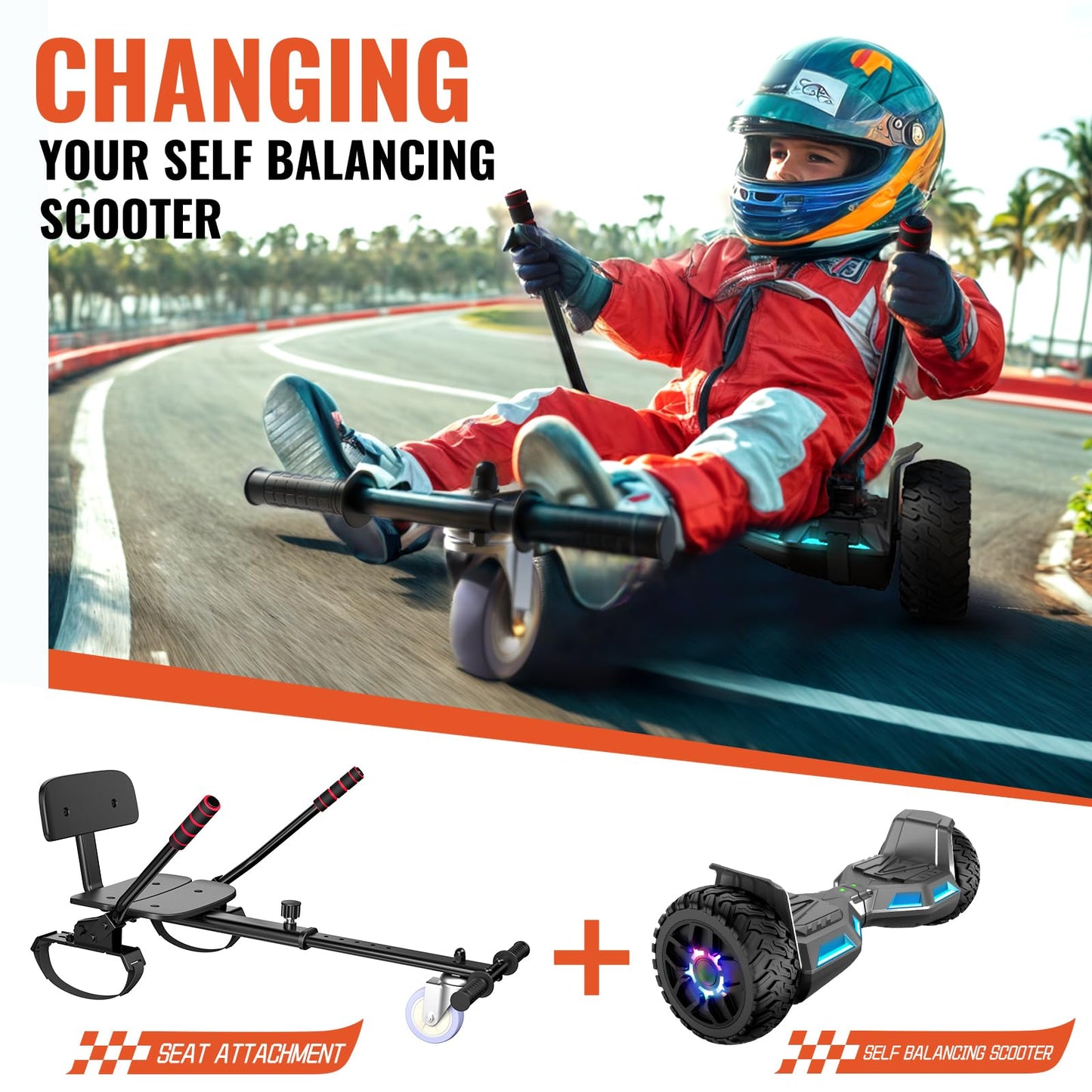Scooter with Seat Attachment for Kids Adults, 6.5'' 8.5''Balancing Scooter with Bluetooth Speakers & Colorful LED Light with kart