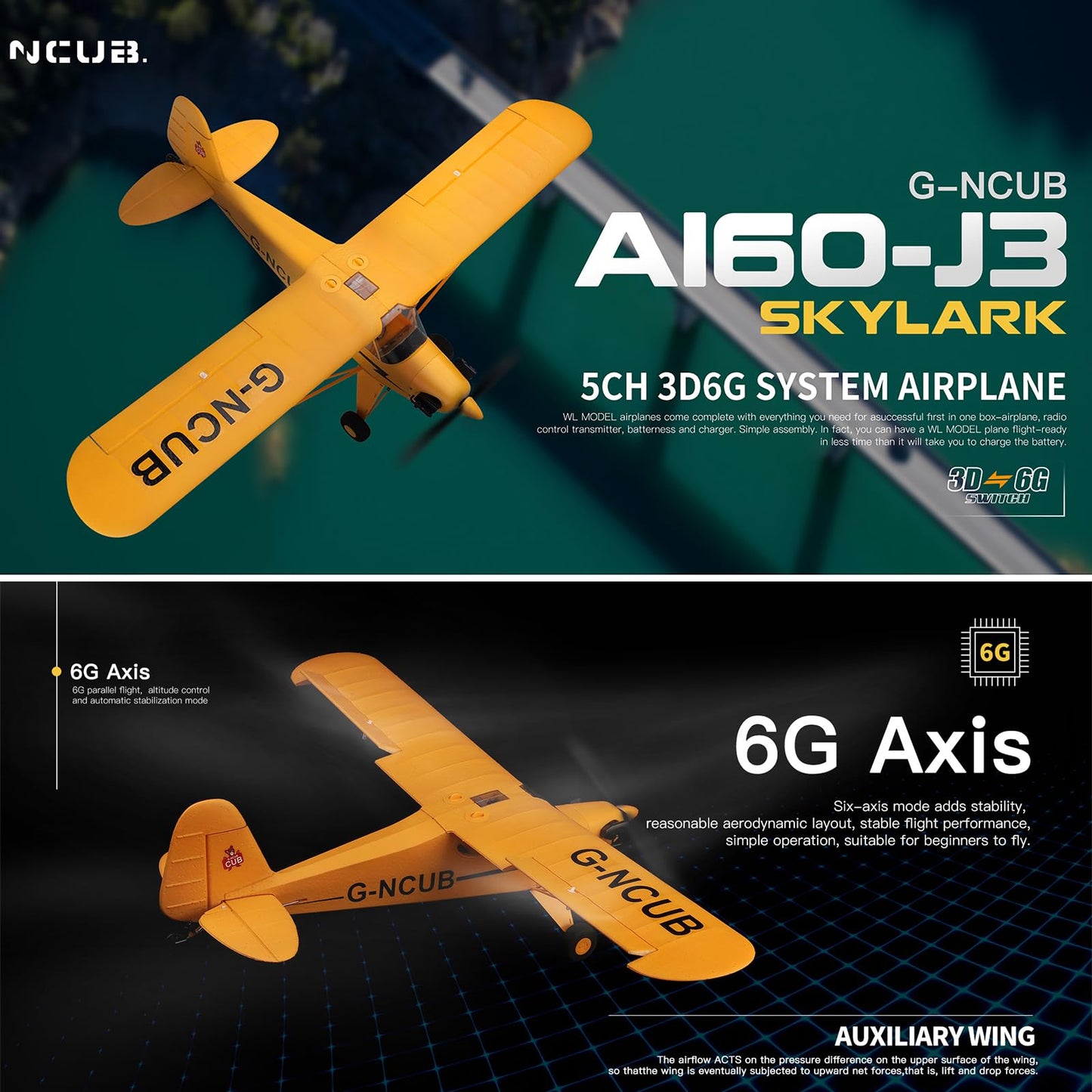 Ssccgym Large Brushless Remote Control Plane XK A160 RC Aircraft Glider J3 6-Axis Gyroscope 5-Channel 3D Stunt Somersault Flight 6 AXIS Gyro 2Batteries for Hobbies Expert 14Y+