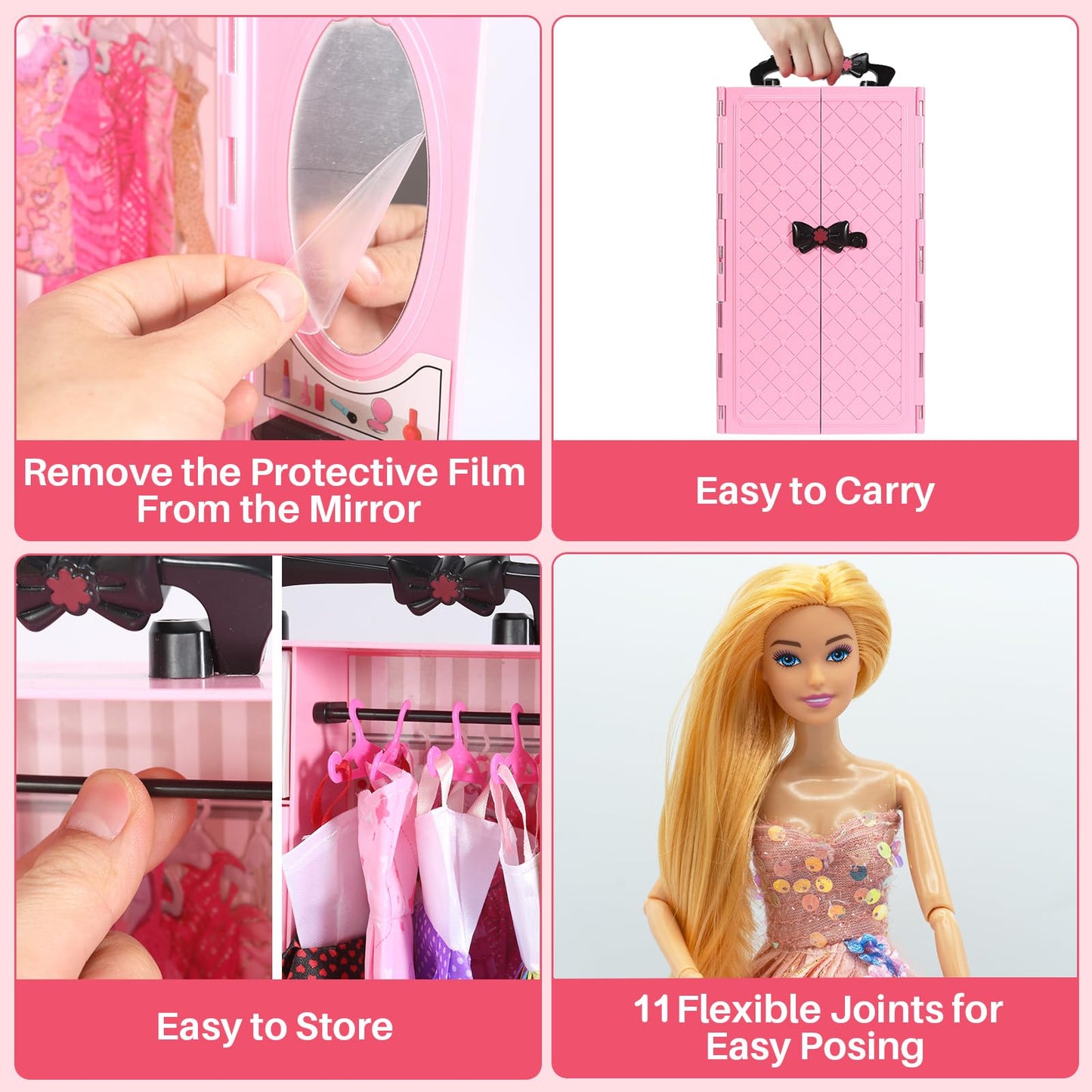 122 Pcs Doll Closet Playset with 11.5 Inch Dolls, Clothes and Accessories, Include Wardrobe Princess Dresses Shoes Bags Hangers Other Accessories, Dress Up Toys for Girls, Kids, Toddlers (Pink)