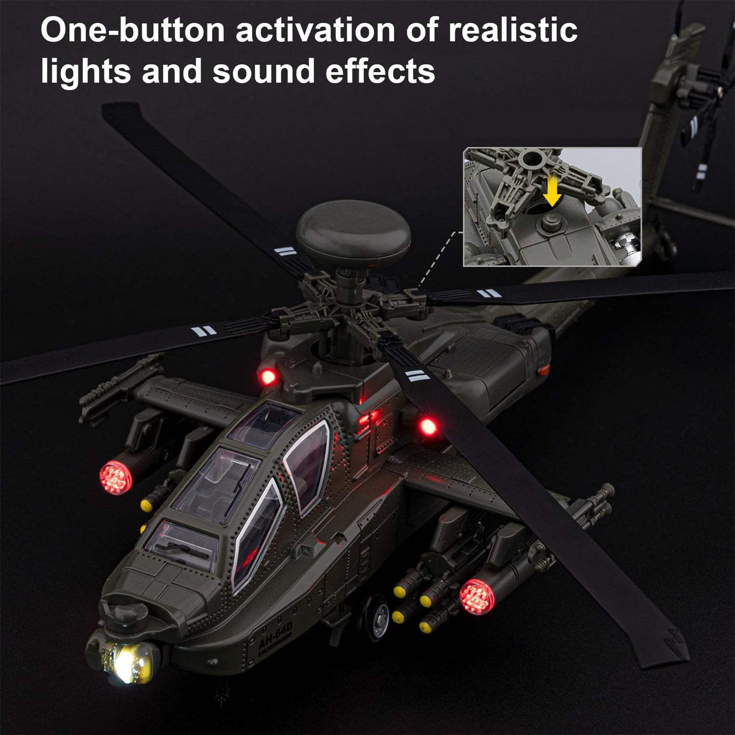 AH-64 Apache Attack Helicopter Diecast Model Airplane Toy, 1:46 Plane Military Fighter Jet Toy, Light and Sound for Kids 3+ (Gray)