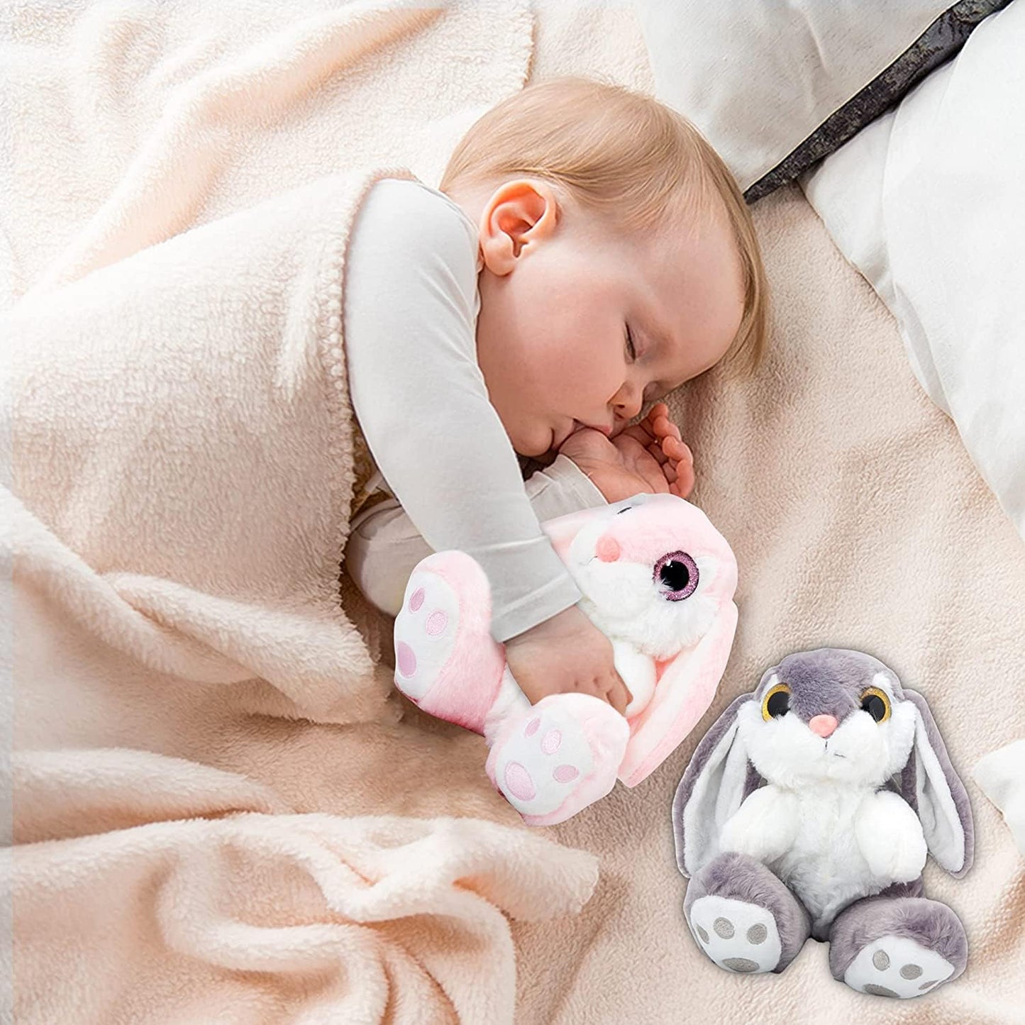 HO-EF 8.5" Bunny Stuffed Animal, 2 Sitting Bunny with Flappy Ears Plush Bunny Cute Stuffed Rabbit Plush Toy, Companion Easter Gift for Boys Girls Babies Kids (Pink+Grey)