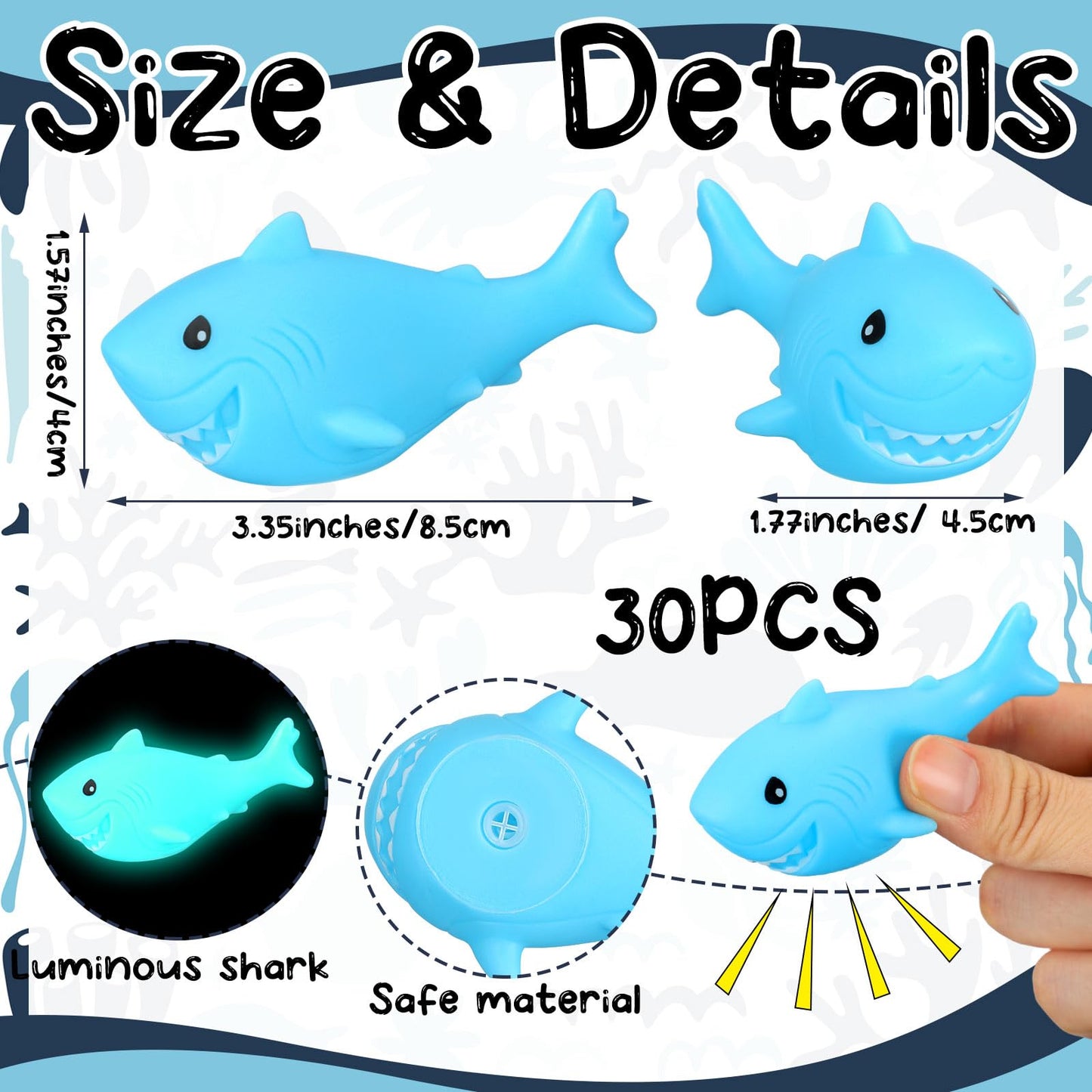 Shappy 30 Pcs Rubber Sharks Luminous Blue Squeezable Bath Toys Floating Cute Squeak Shark Favors Safe for Classroom Carnival Prizes Birthday Tub Party Ornament Pool Fillers