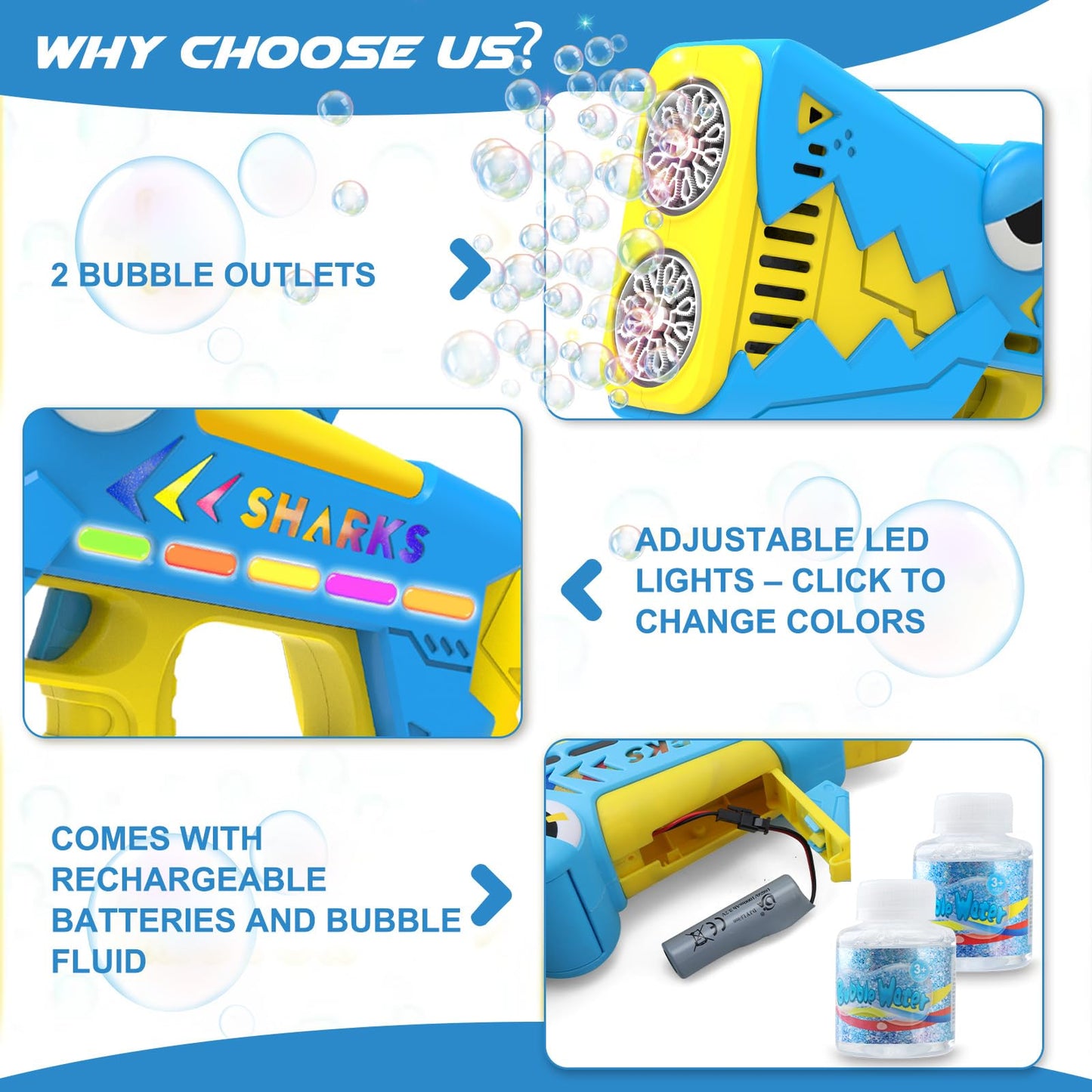 Britik Bubble Gun for Kids Ages 4-8: Shark Light Up Bubble Machine for Toddlers, Rechargeable, 2 Bubble Solution, Outdoor Toy Party Birthday Gift for 3 4 5 6 7 8 Year Old