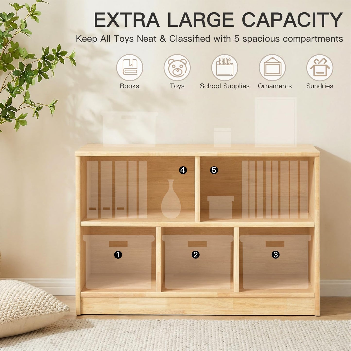 PTINFLUCE Rubber Wood Montessori Shelf, Wooden Toy Storage Organizer for Books Toys, 2 Shelf Bookcase, 5-Section Storage Cabinet, Toddler Book Shelf for Kids Rooms, Playroom, Nursery, Kindergarten