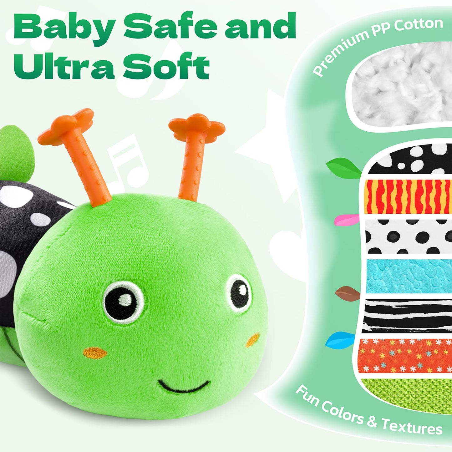 HEMRLY Baby Gifts Toys, Sensory Toy 0-6 Months, Musical Stuffed Caterpillar Plush with Soft Teether, Rattle for Tummy Time, Infant Car Seat Toy for 0-3-6-12 Month Boys Girls Gifts - Spotted Green