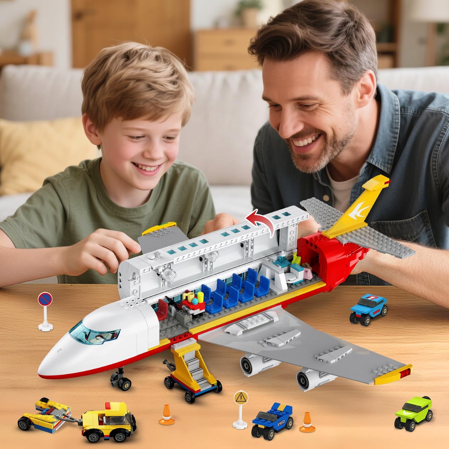 HOGOKIDS 2 Style City Airplane Building Set with LED Light - Plane Building Blocks Switch Passenger Cargo Projectile Toy with 3 Cars, Planes Model Toys Valentines Gifts for Kids Boys Girls Age 6-12+