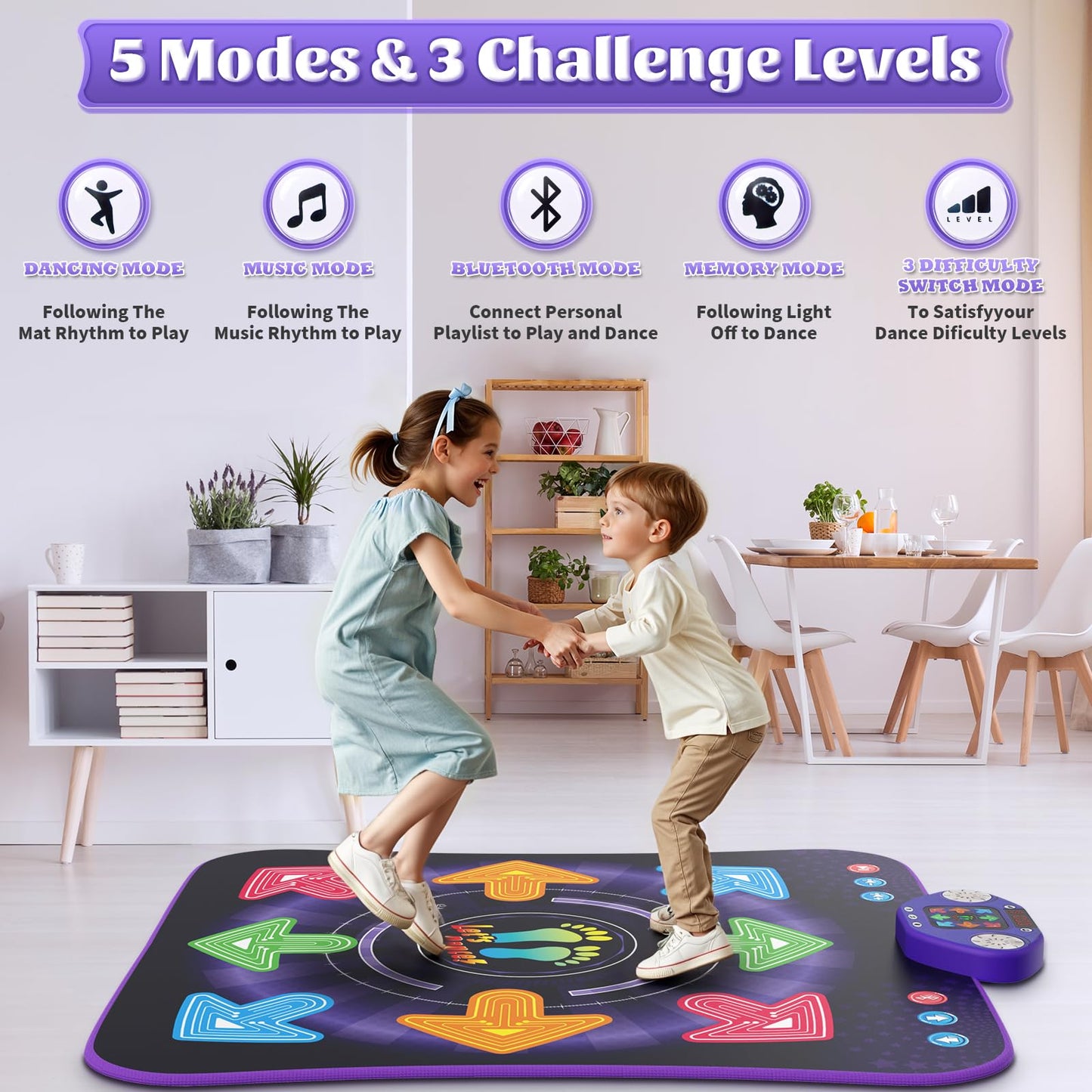 Dance Mat Toys for 3-12 Year Old Kids, Kids Dance Mat with Light-up 8-Button Wireless Bluetooth, Dance Pad Toy with 5 Game Modes, Christmas Birthday Toys Gifts for 3 4 5 6 7 8 9 10+ Year Old Girls