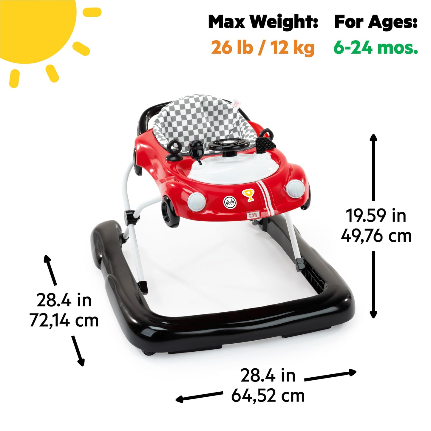 Bright Starts Little Speedster 3-in-1 Car Walker, Red Racer, Baby Activity Walker for Boys and Girls, 6 Months+