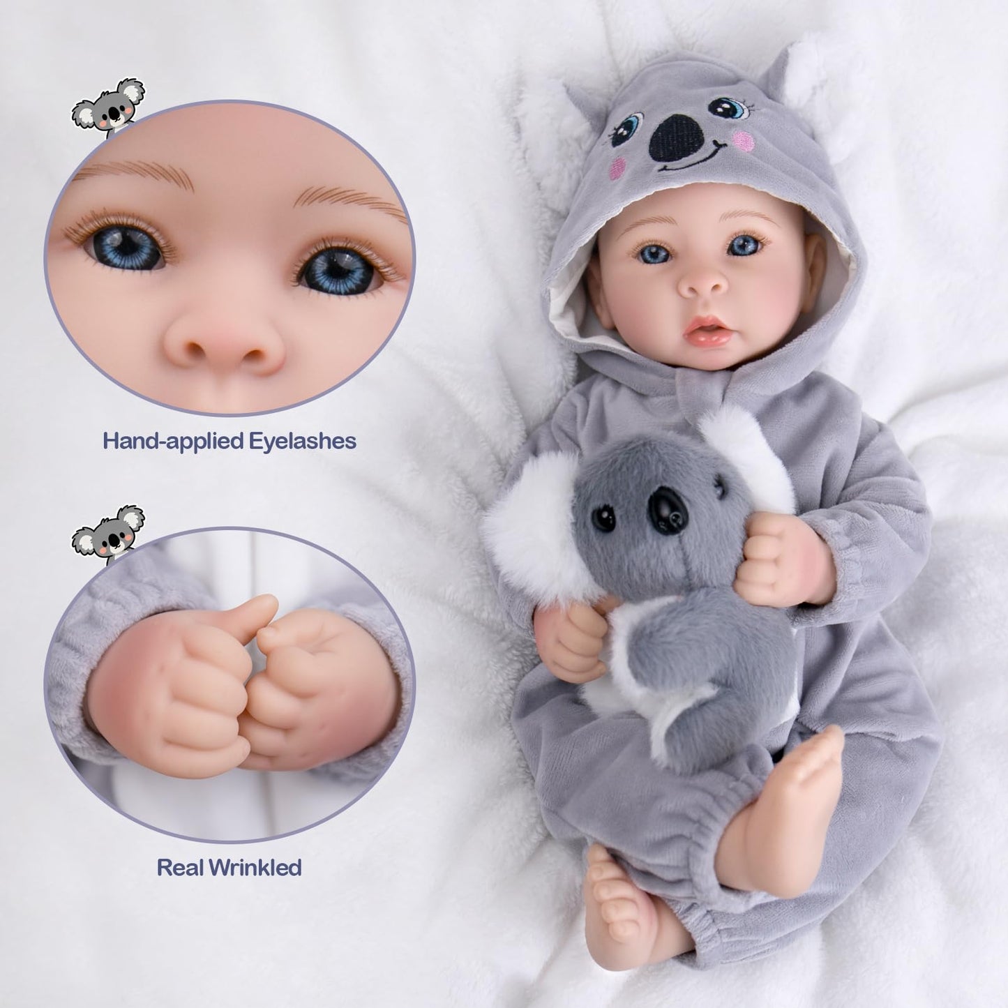 Aori 17 Inch Lifelike Baby Dolls Realistic Doll with Real Life Lightweight Soft Body & Grey Outfits, for Girls 3+ Role Play, Adoption Day, Photography Prop, Collectible