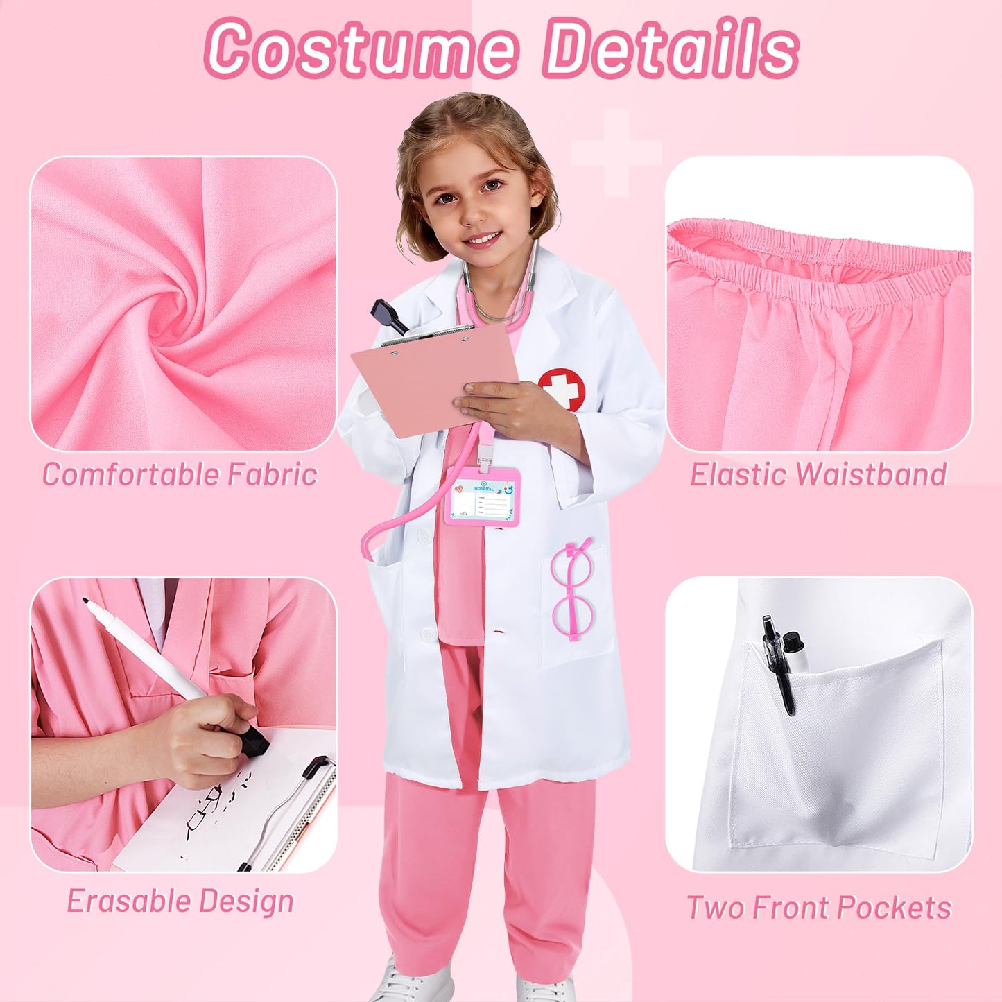 Wuclad 12 PCS Doctor Costume for Kids,Scrubs with White Lab Coat/Nurse Costume for Kids Set,Career Day Costume for Boys Girls (Pink, 5-6 Years)