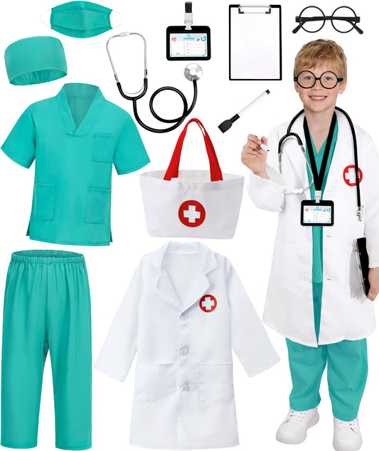 Wuclad 12 PCS Doctor Costume for Kids,Scrubs with White Lab Coat/Nurse Costume for Kids Set,Career Day Costume for Boys Girls (Green, 4-5 Years)