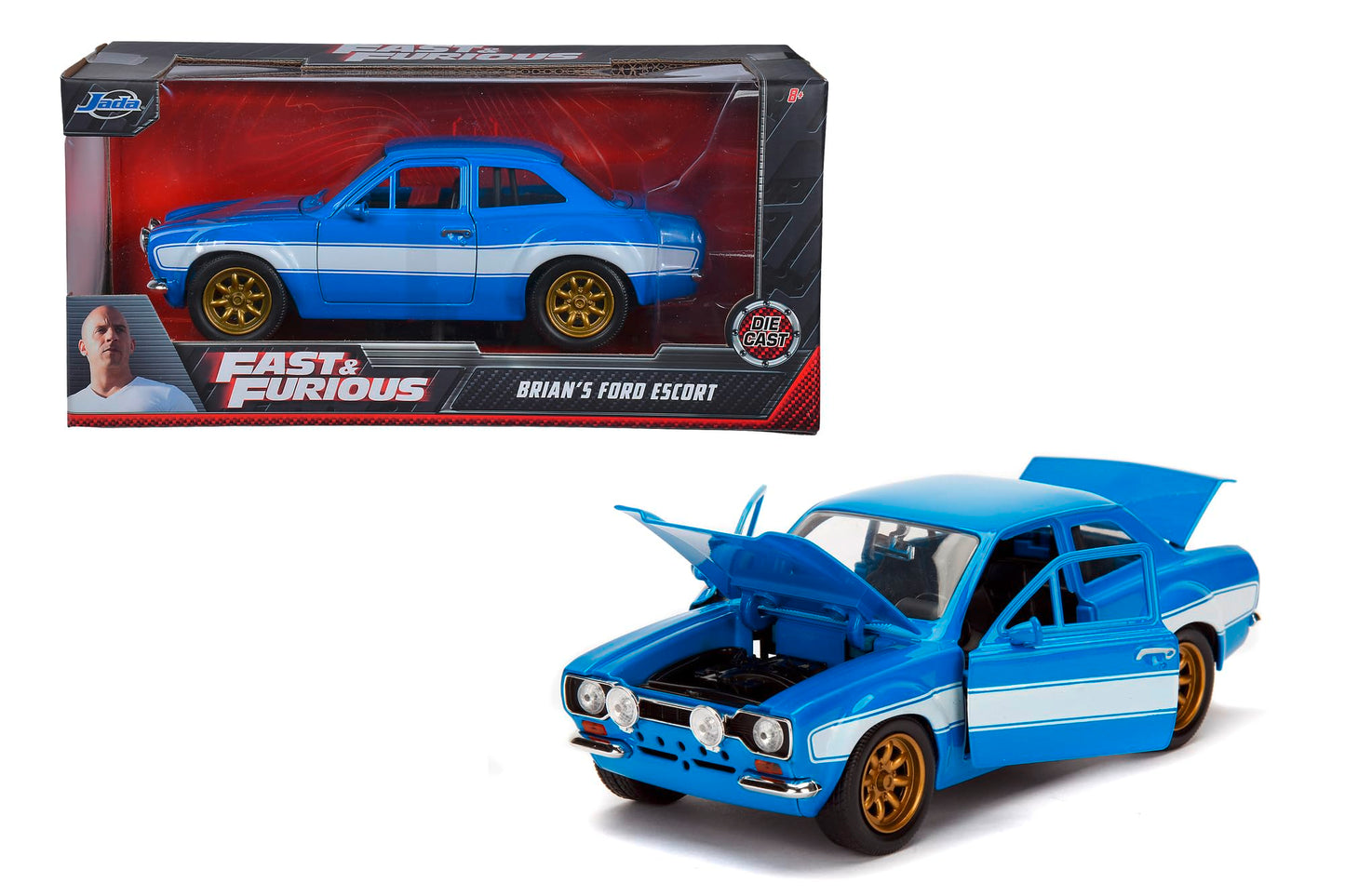 Jada Toys Fast & Furious Movie 1970 Brian's Ford Escort Blue with White Stripes, 1/24 Diecast Model Car