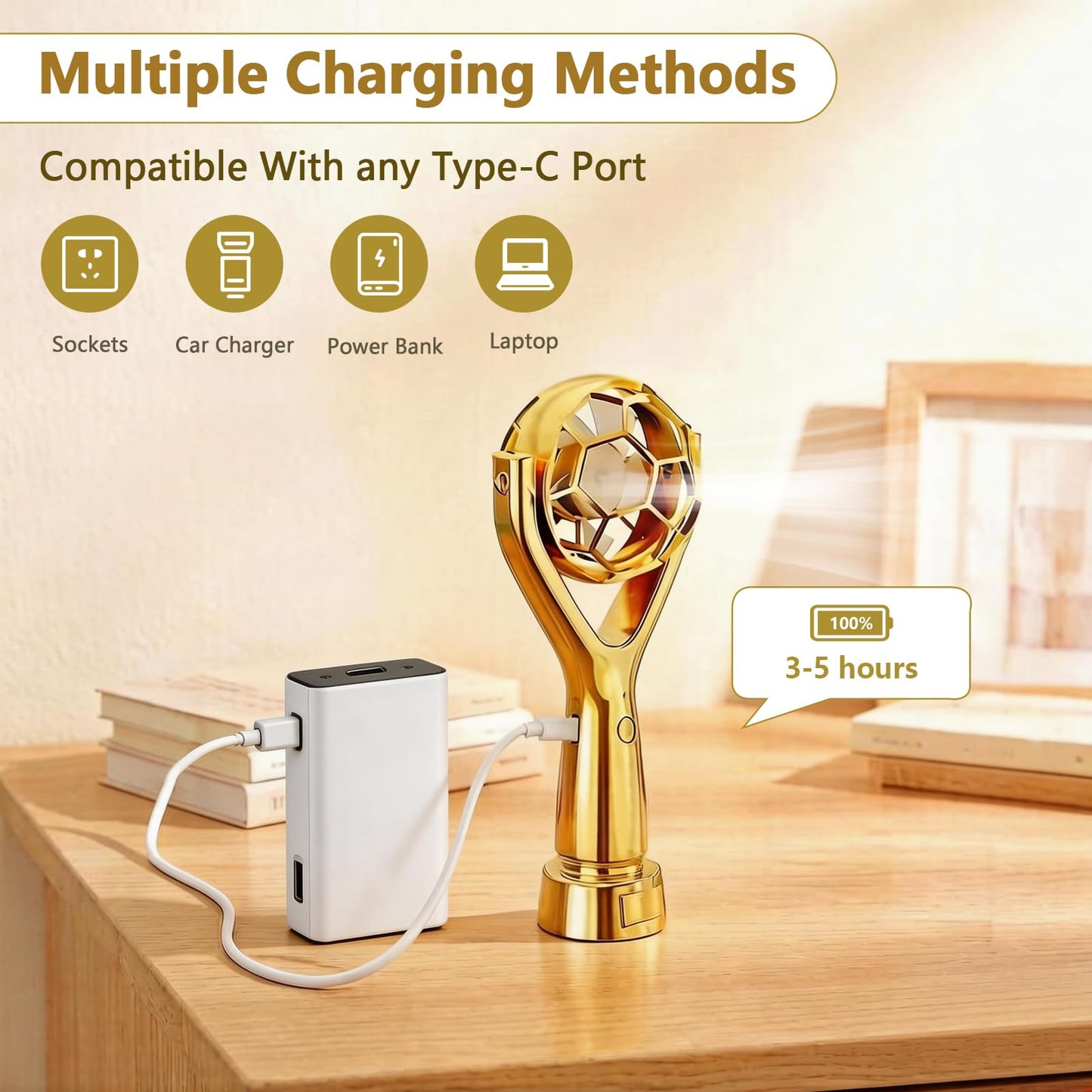 SZSHYNJ Soccer Trophy Shaped Handheld Fan, Soccer Gifts for Sports enthusiasts, Kids, Boys and Girls, Portable USB Rechargeable Mini Fan for Stadium, Game Day, 2026 World Soccer Event, Outdoor, Gold