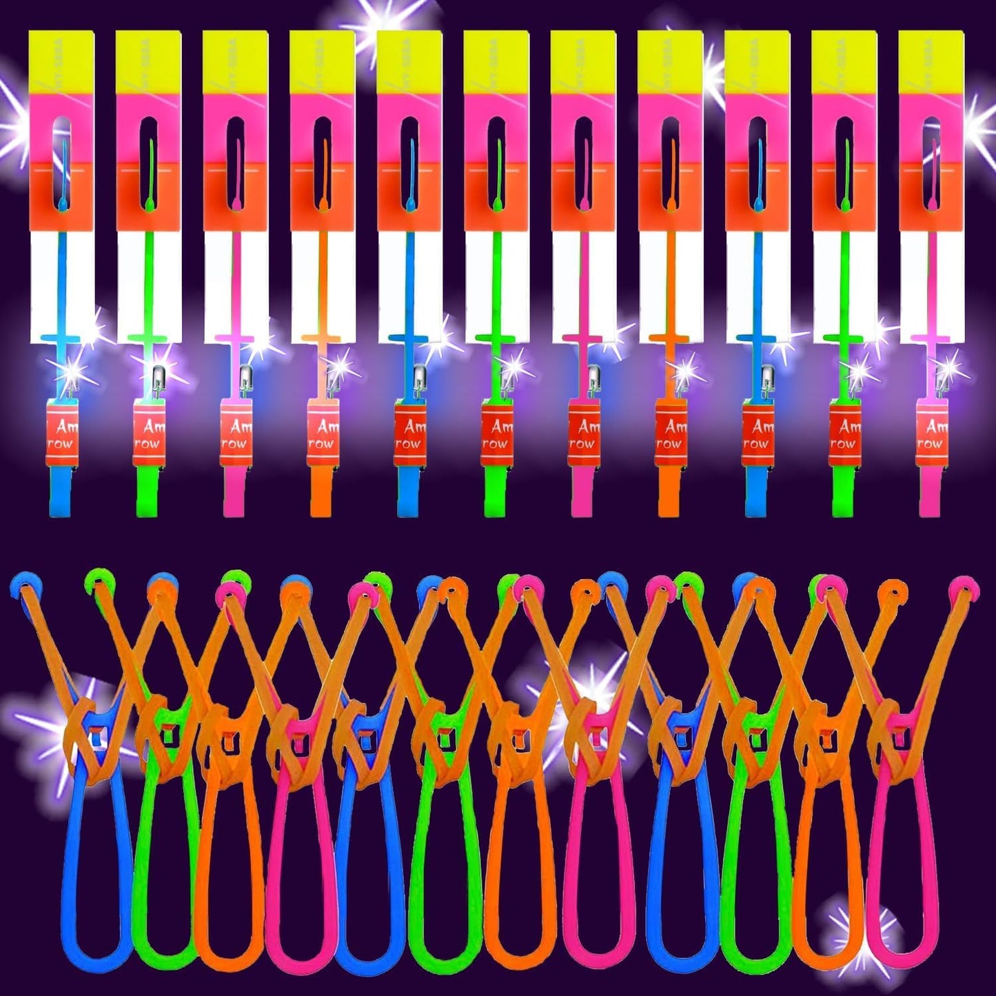 Krcilcuk 50 Sets LED Flying Set, 25 Slingshot + 25 Glow Helicopter, Glow in The Dark Party Favors for Kids, Outdoor Game Toys Party Supplies Gifts Bulk