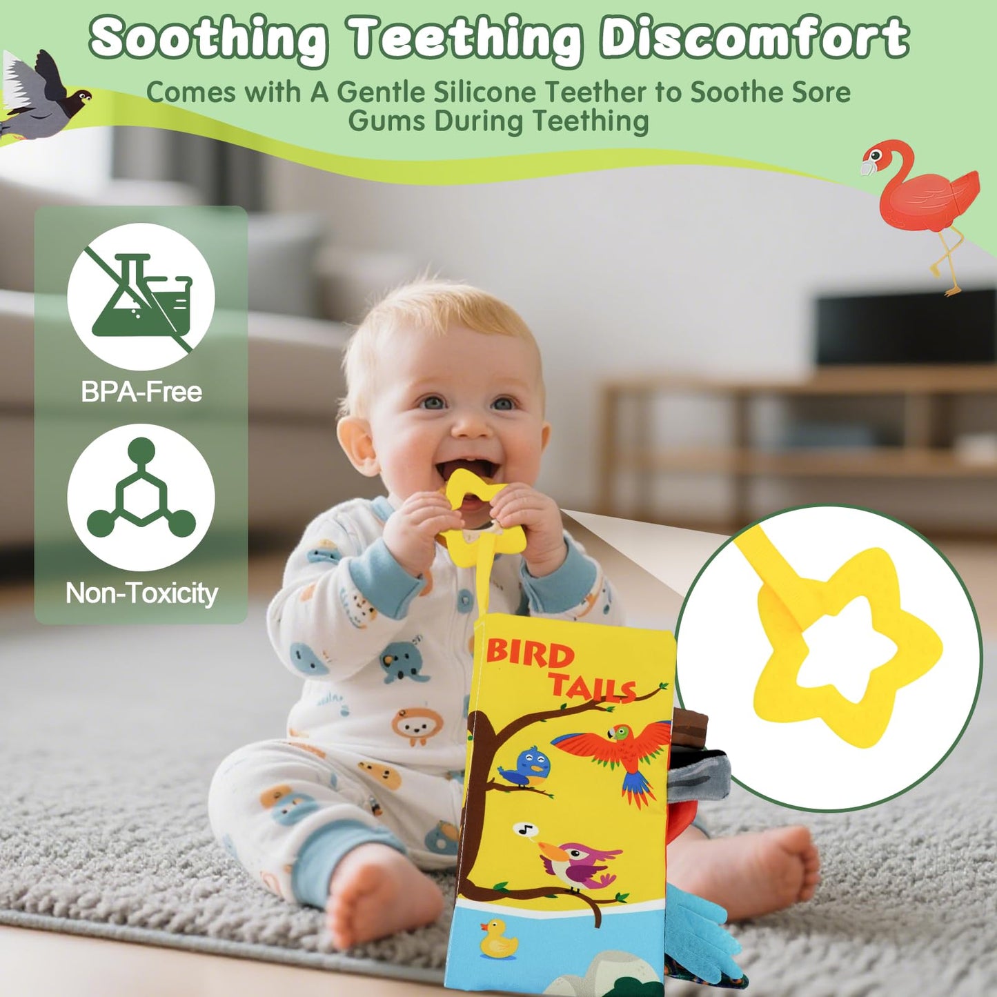 ArtCredit Baby Books Toys 0-12 Months with Teether,Tummy Time Crinkle Sensory Toys,High Contrast Touch & Feel Soft Book, Early Learning Infant Toys,Shower Gift for Boys Girls (Flying Animals)