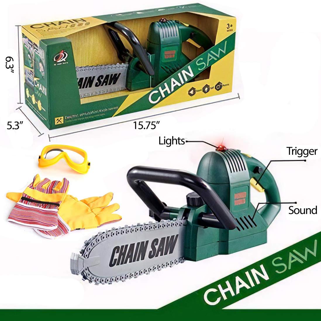 Kids Electric Chainsaw Toy Tool Pretend Play Set with Safety Goggles, Work Gloves | Rotating Chain and Realistic Sound Effects