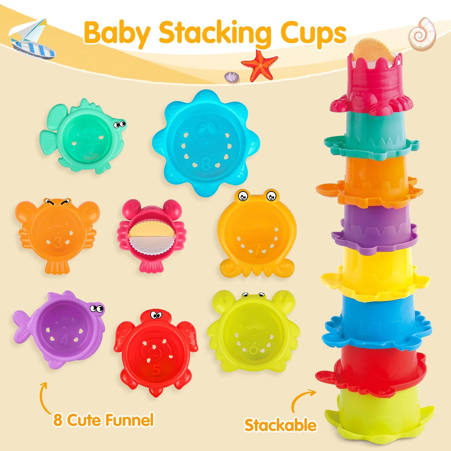 Water Table Toys for Toddlers 1-3, 16PCS Bath Toys for Babies 6-12 Months wtih Floating Boats, Stacking Cups, Shark Water Can & Marine Animal Silicone Toys, Pool Beach Idea Gift for Boys Girls