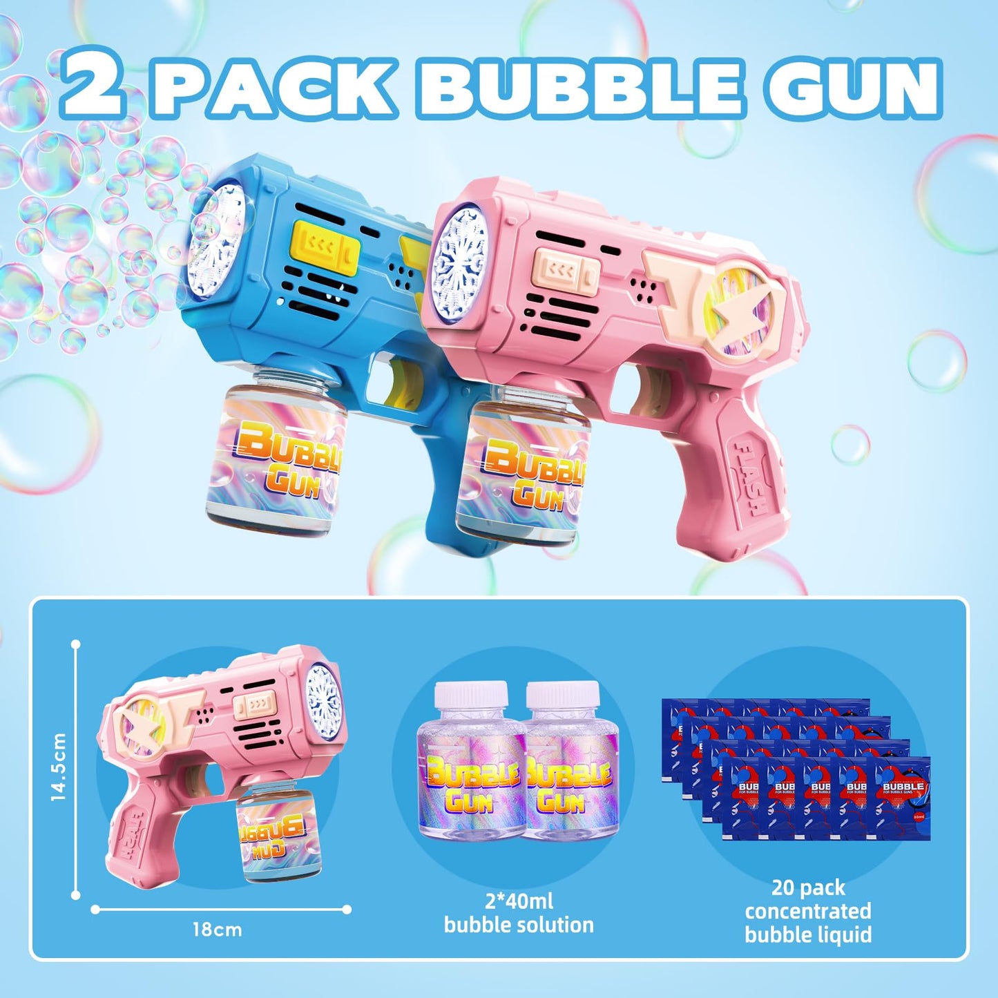 Bubble Gun Toys for 3+ Year Old Kids Boys Girls, LED 2 Pack Automatic Bubble Machine with Bubble Solution, Summer Outdoor Kids Toys for Ages 3-4,4-6,5-7, Birthday Party Gifts for 3 4 5 6 7 8 Year Old