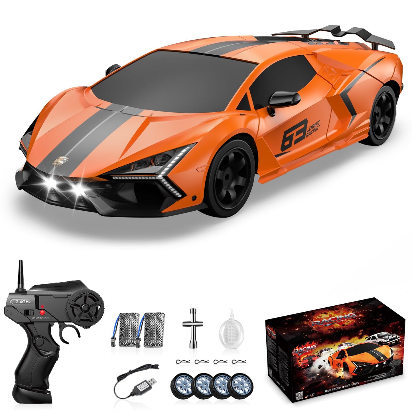 Sakeye RC Drift Car, Drifting RC Car 2.4GHz 1:16 Remote Control Cars 4WD High Speed Racing Vehicle with LED Lights Two Batteries and Drifting Tires Sport Toy Cars for Adults Boys Girls Kids Orange