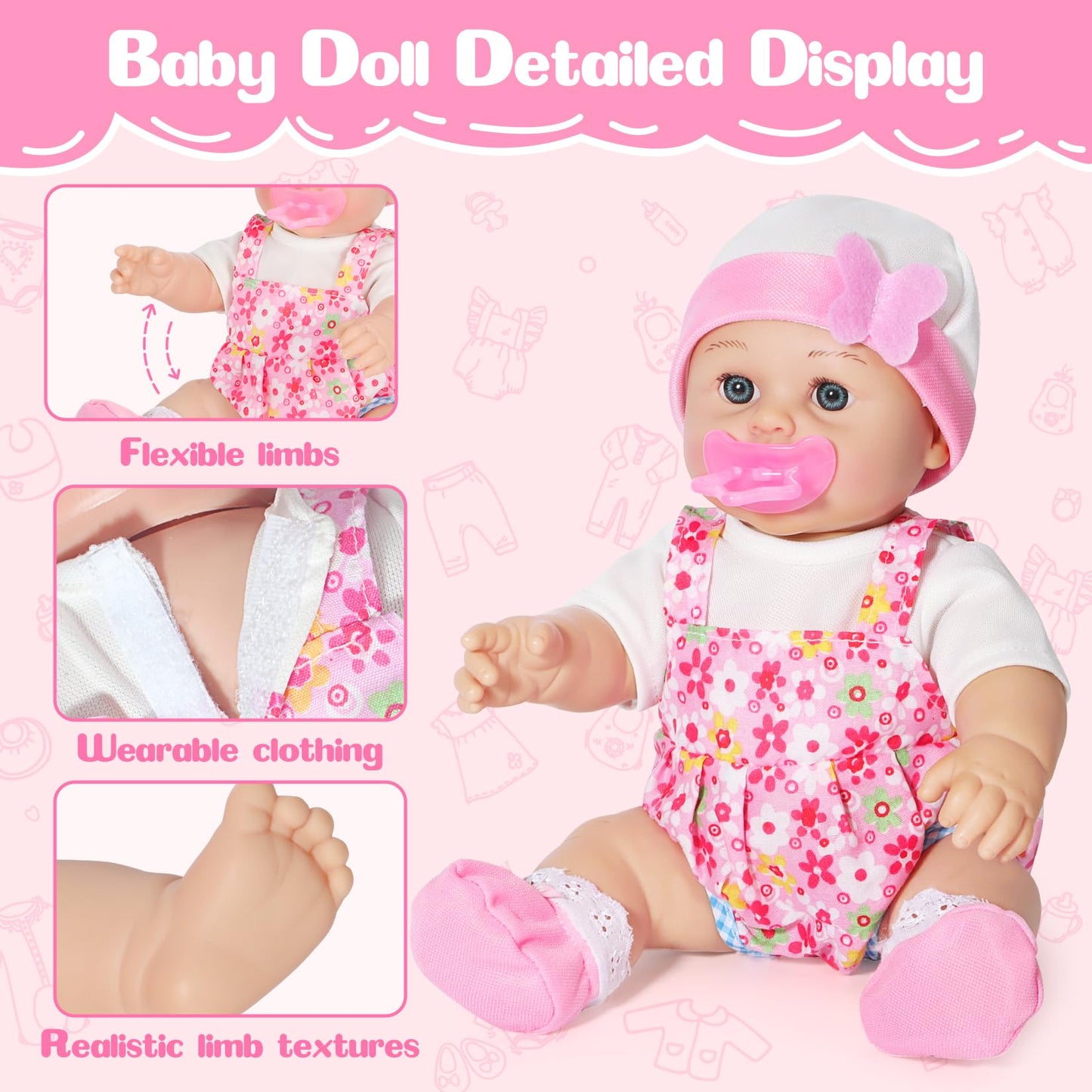 Mastom 12'' Baby Doll Playset with 4 Outfits Backpack, 12 Inch Realistic Baby Dolls with Clothes Backpack and 2 Bottles Bib Quilt Nipple Socks, Pretend Play Baby Doll Gift for Toddlers Girls Age 3+