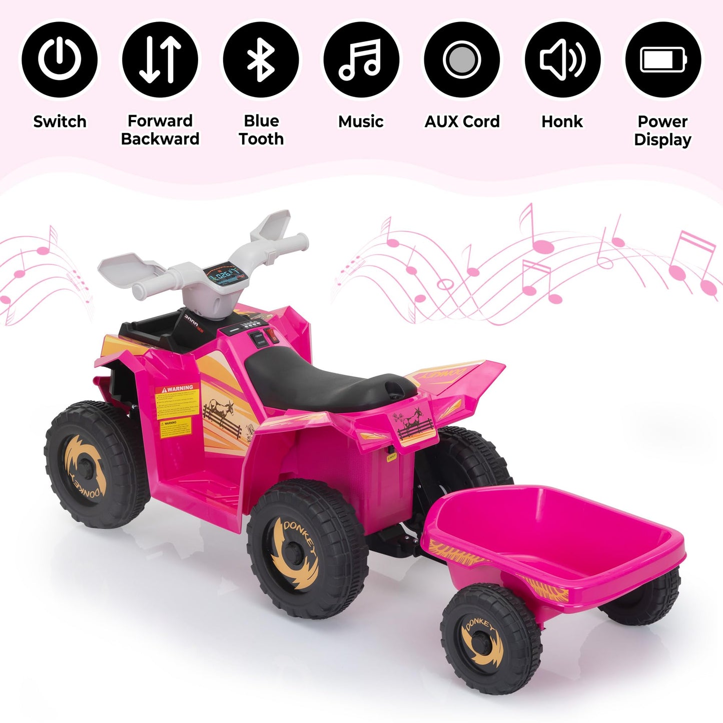 TOBBI 6V Electric Kids Ride On Toy Car with Trailer, Toddler 4 Wheeler Powered Vehicle to Drive with Music/Battery Volume Display for Children Age 3-6 -Rose Red
