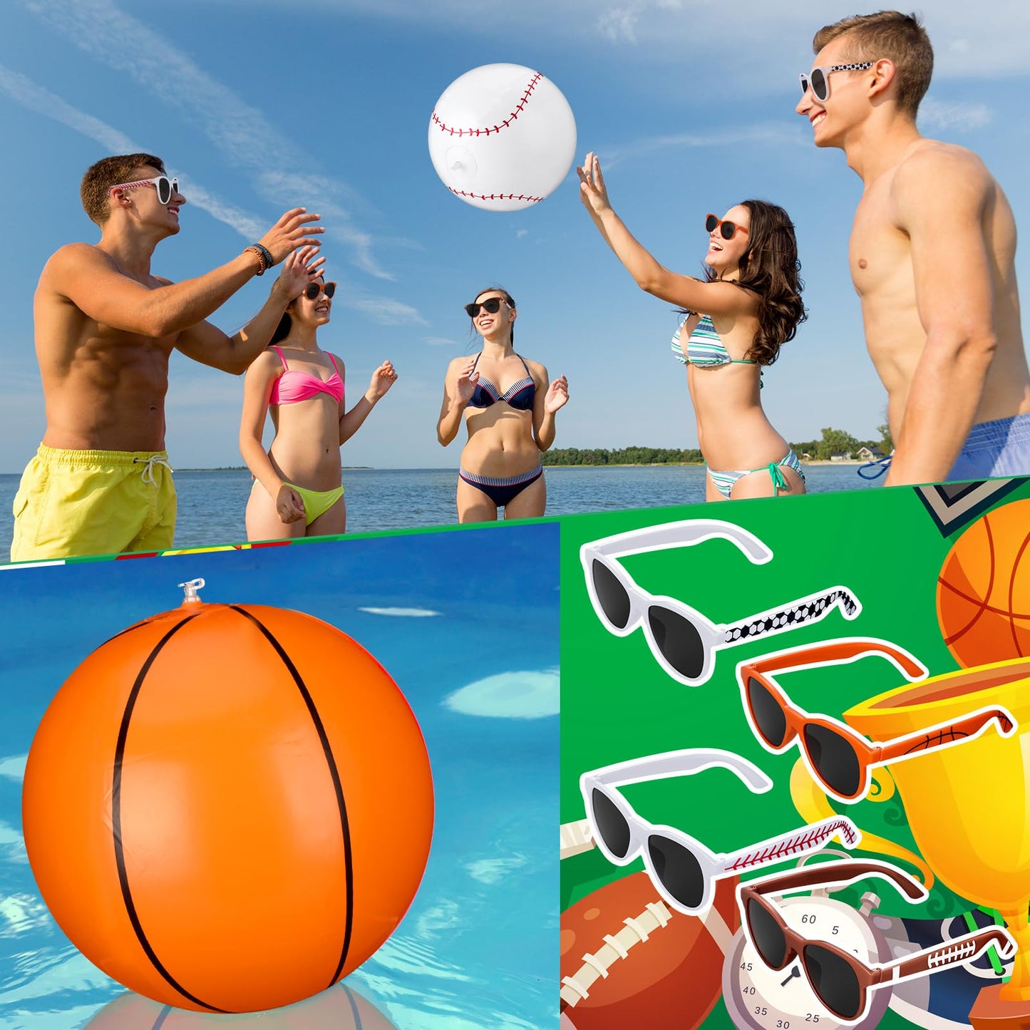 JolliLudo 48 Pcs Inflatable Sports Beach Balls wtih Glasses for Party Favors Variety Pack Basketball, Baseball, Football, Soccer Beach Balls Sports Themed Summer Pool Birthday Decorations