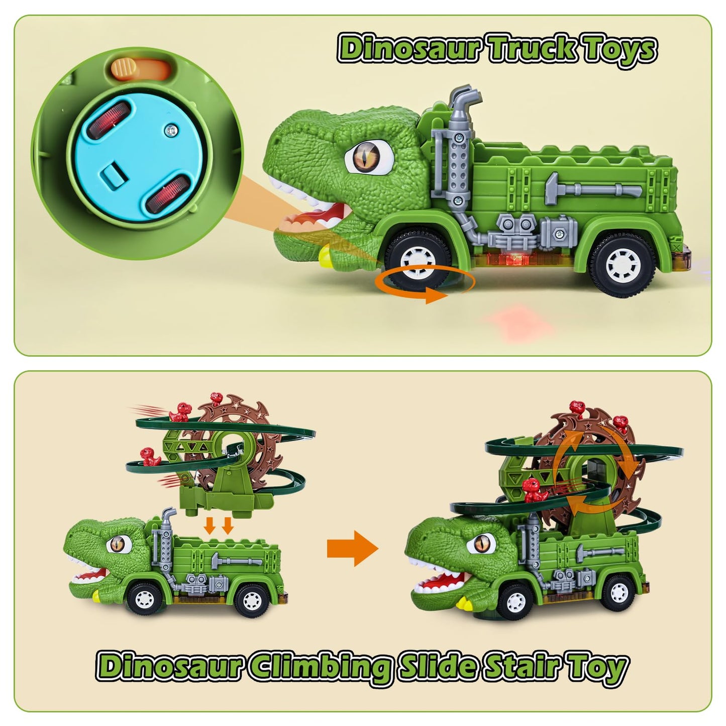 Tyyseis Dinosaur Toys for Kids,2 in 1 Dinosaur Truck Set wiht Nonstop Sliding Baby Dinos On Tracks,Auto Avoids Obstacles Toddlers Crawling Toys,Birthday Gifts with Music Lights for 3 4 5 Year Old Boys