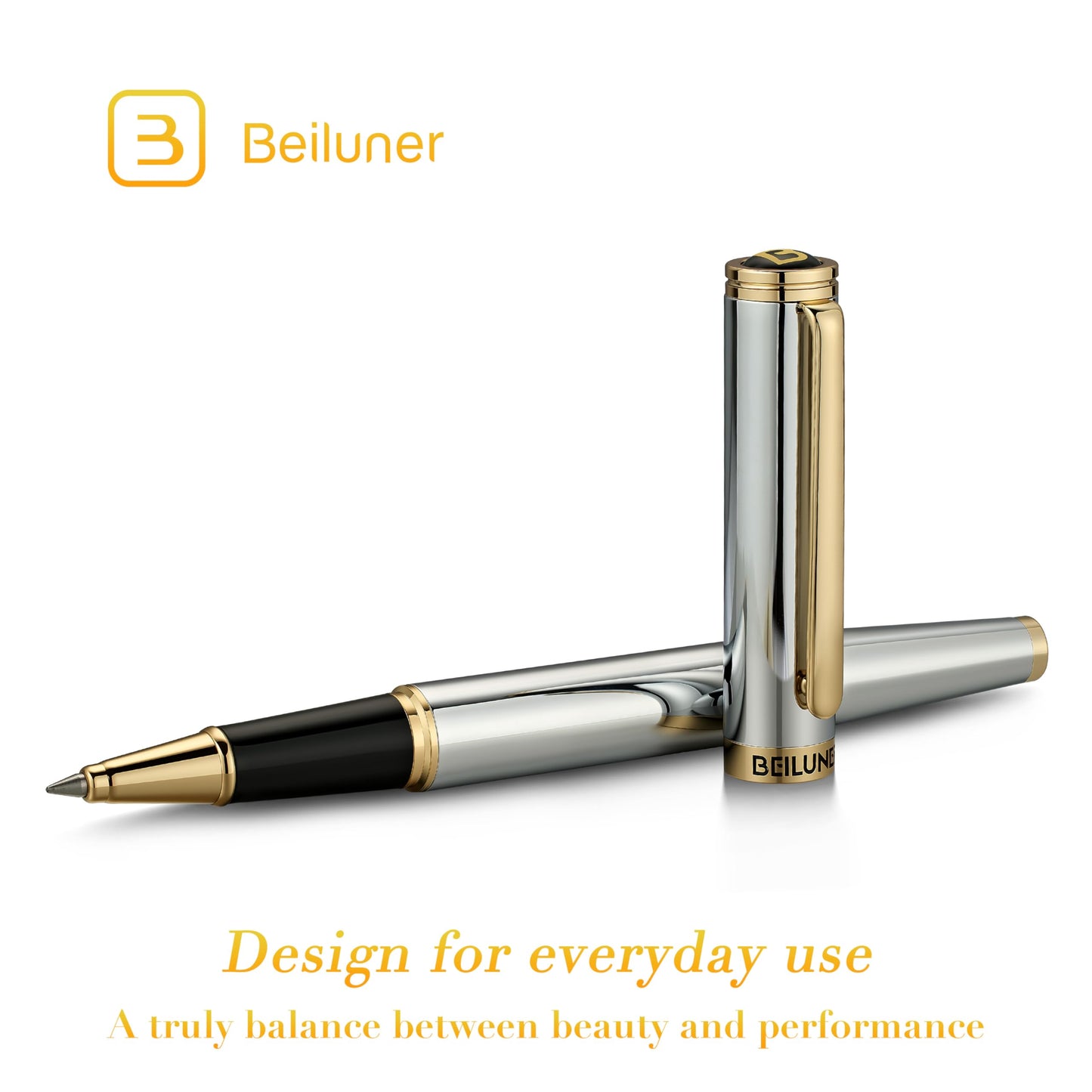 BEILUNER Luxury Rollerball Pen, Stunning Silver Chrome with 24K Gold Finish,Noble and Elegant Designs,Schneider Ink Refill, Best Gift Pen for Men & Women, Professional, Executive Office, Fancy Pens