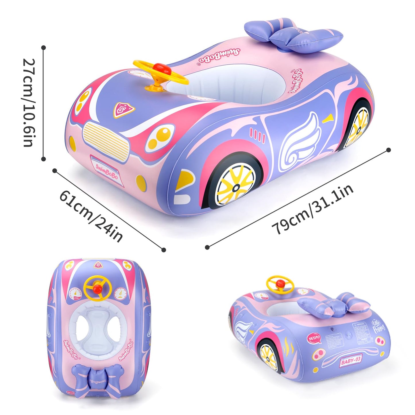 Swimbobo Toddler Pool Float with Seat Boat Inflatable Ride-on Car for Kids Outdoor Toys(Purple Pink Car)