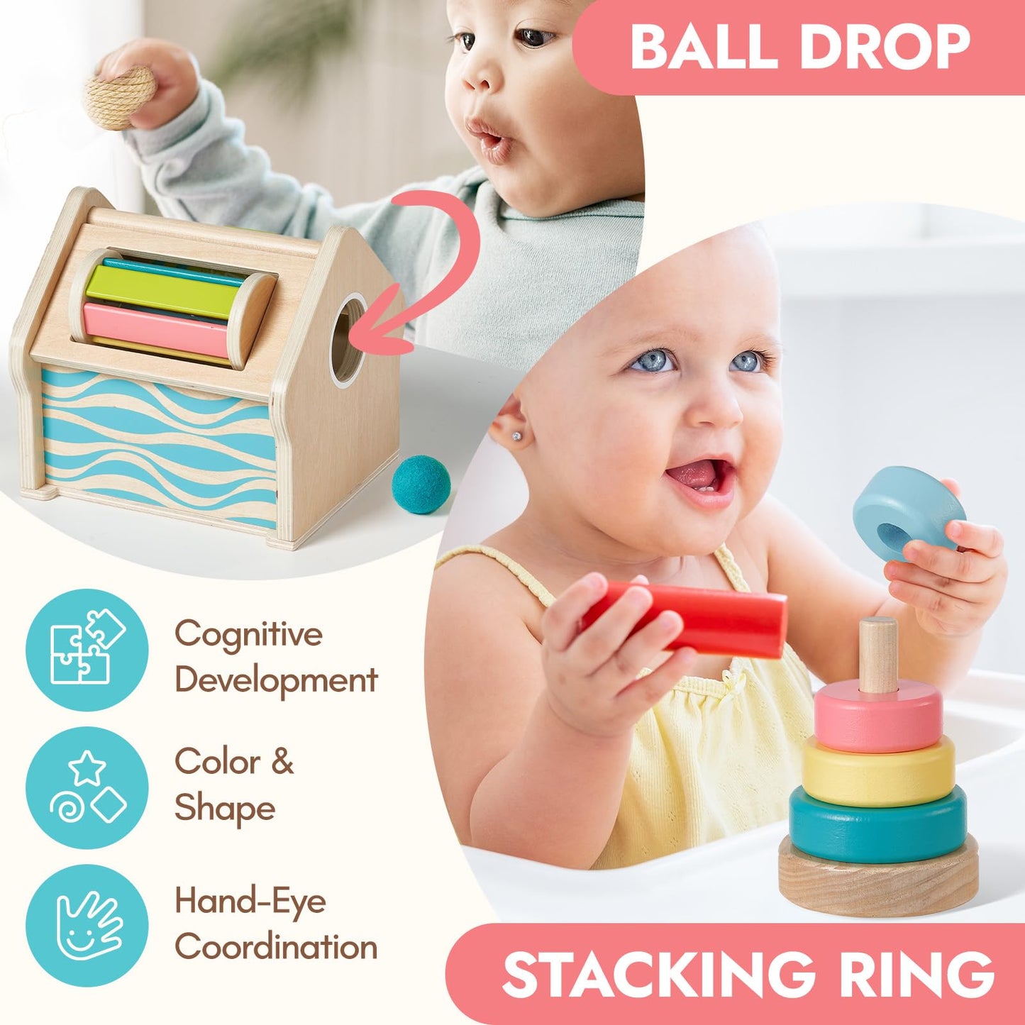 Giant bean Montessori Toys for Baby, 6-in-1 Wooden Early Education Learning Toys with Sensory Teething,Object Permanence Box,Shape Sorting Stacking Ring,Mirror Puzzle,Christmas Toy for Kid 1 2 3