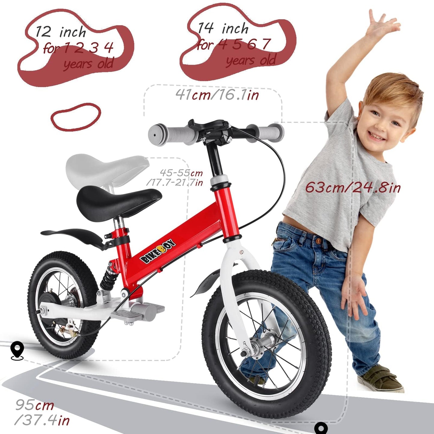 Balance Bike 3 in 1,The Dual Use of a Kids Balance Bike and Kids Bike,12 14 Inches for 2-6 Years Old,with Shock Absorbers, Fenders, Pedals, Auxiliary Wheels