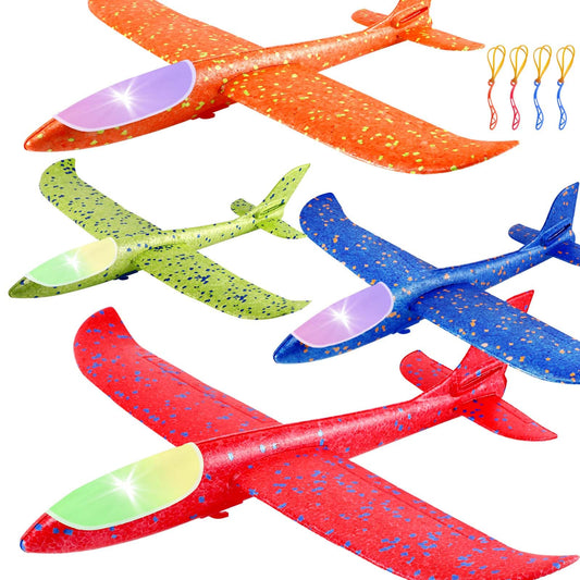 PUREZON 4 Pack LED Foam Airplanes,17" Large Throwing Foam Plane,LED Light Airplane Toys,2 Flight Mode Glider Plane,Airplane Flying Toys for Kids Outdoor Sport Birthday Party Favors(4 Colors)