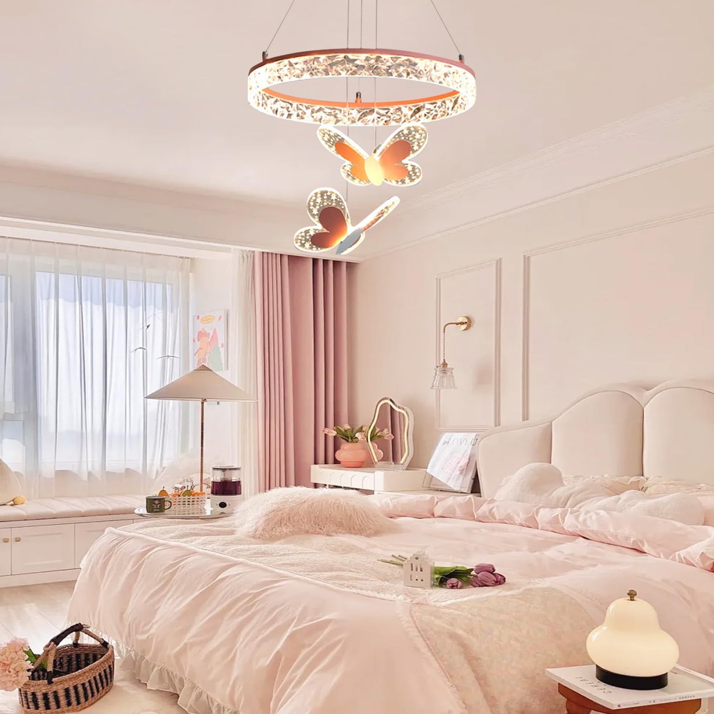 MinMinCheng Butterfly Pendant Light for Girls Bedrooms – 3D Butterfly LED Chandelier with Dimmable 58W Hanging Lamps, Pink Kids Room Lighting Fixture for Playrooms, Nurseries & Princess-Themed Décor