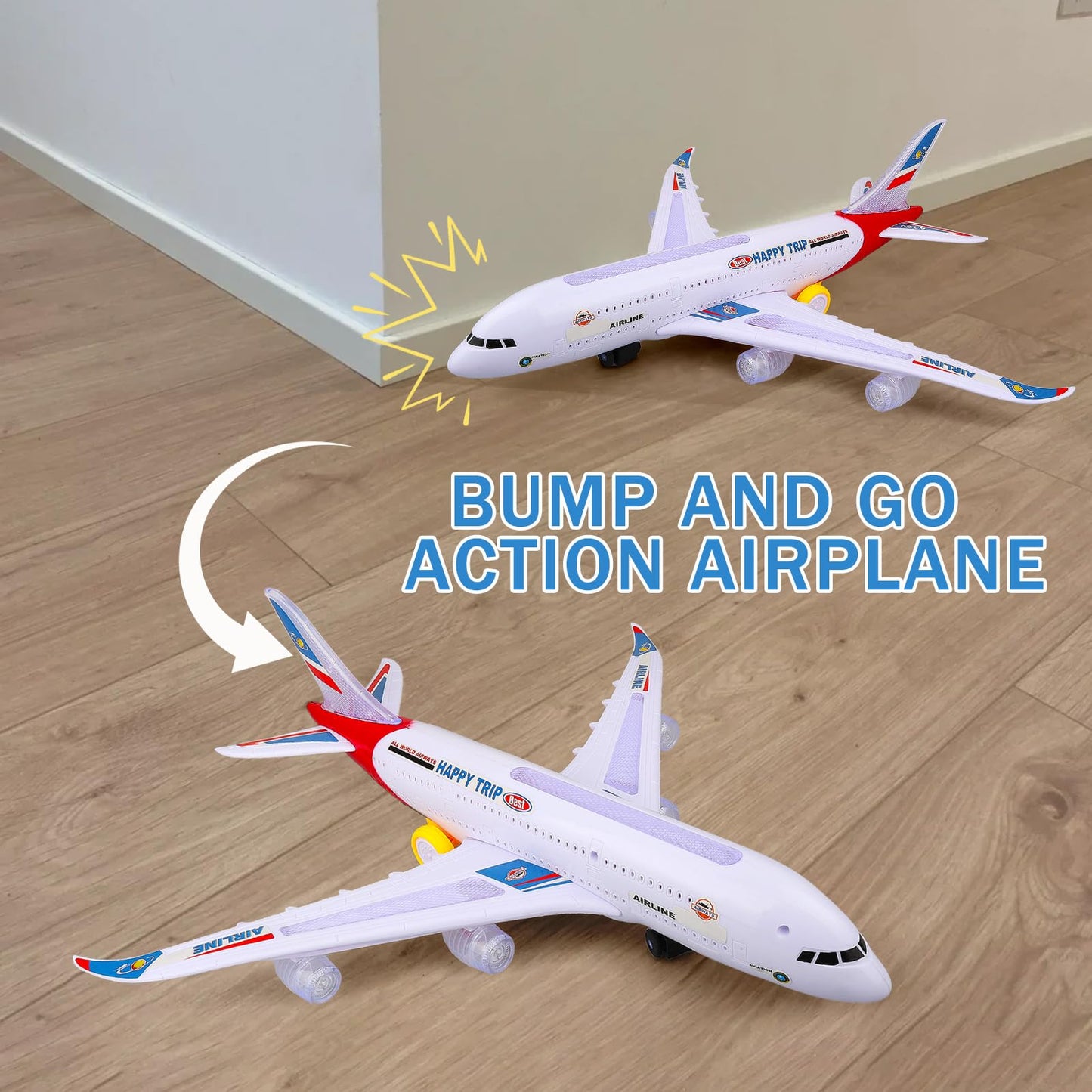 VYKOBLO Airplane Toy with Bump and Go, Kids Airplane Toys Flashing Lights and Sound, Realistic Model Plane for Boys and Girls Ages 3-12, Birthday Gifts (Red)