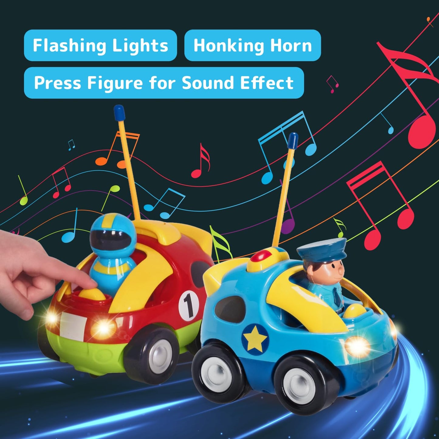 PREXTEX 2 Pack Cartoon Remote Control Cars for Toddlers - Police Car and Race Car with Steering Wheel Controllers and Lights - Different Frequencies Racing Together - Easter Toddler Gift 18+ Months