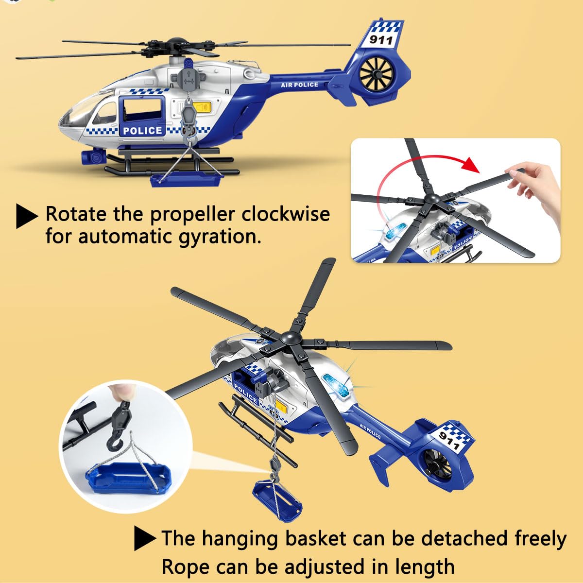 CSDCSD Toddler Boy Toys for 3 4 5 6 Year Old, Helicopter Toy with Crane and Helicopter - Police Toys,Birthday Gifts for Kids Child 2 3 4 5 6 Years Old
