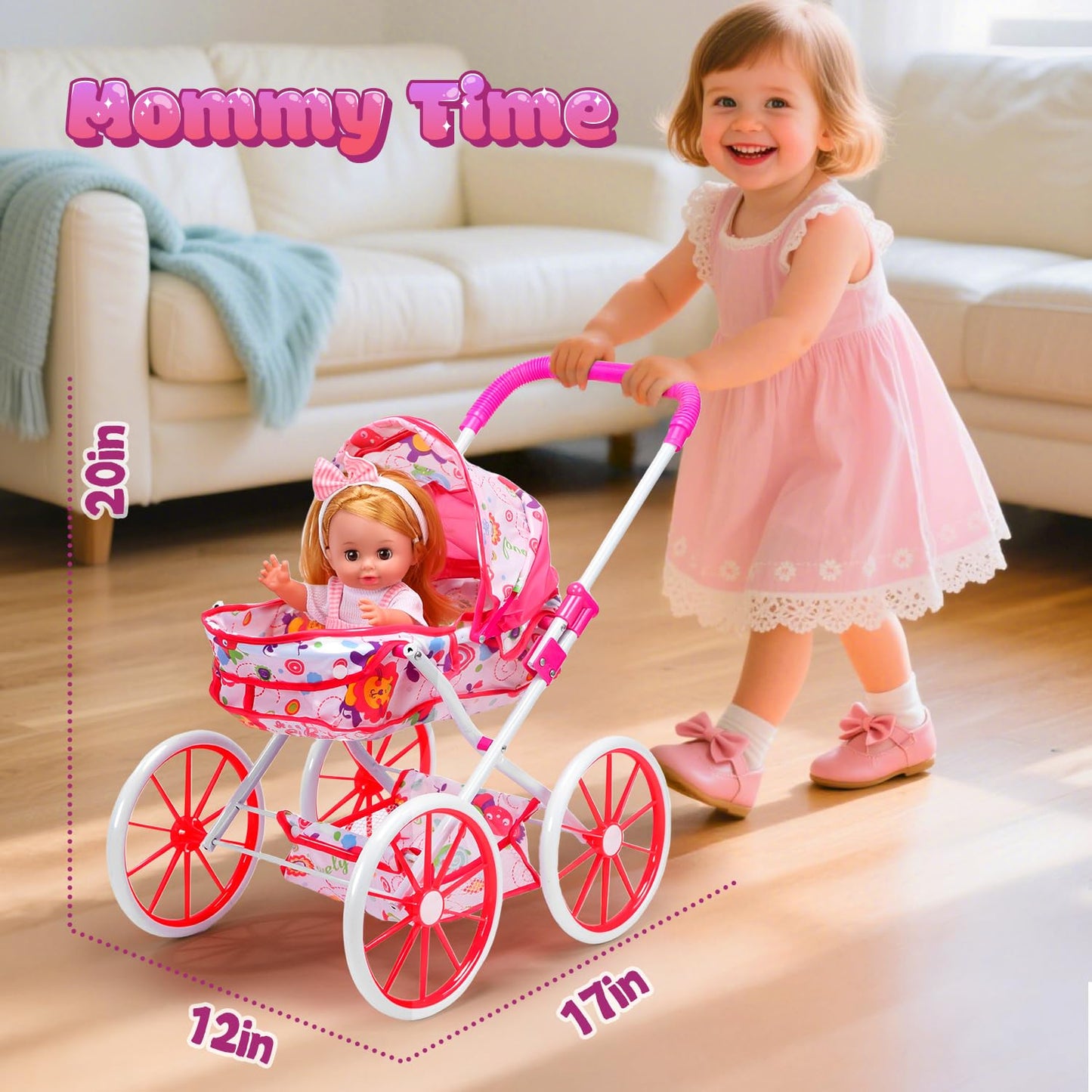 CUTE STONE Baby Doll Playset with Stroller for Girls – Pretend Play Baby Care Toy with High Chair, Clothes & Accessories