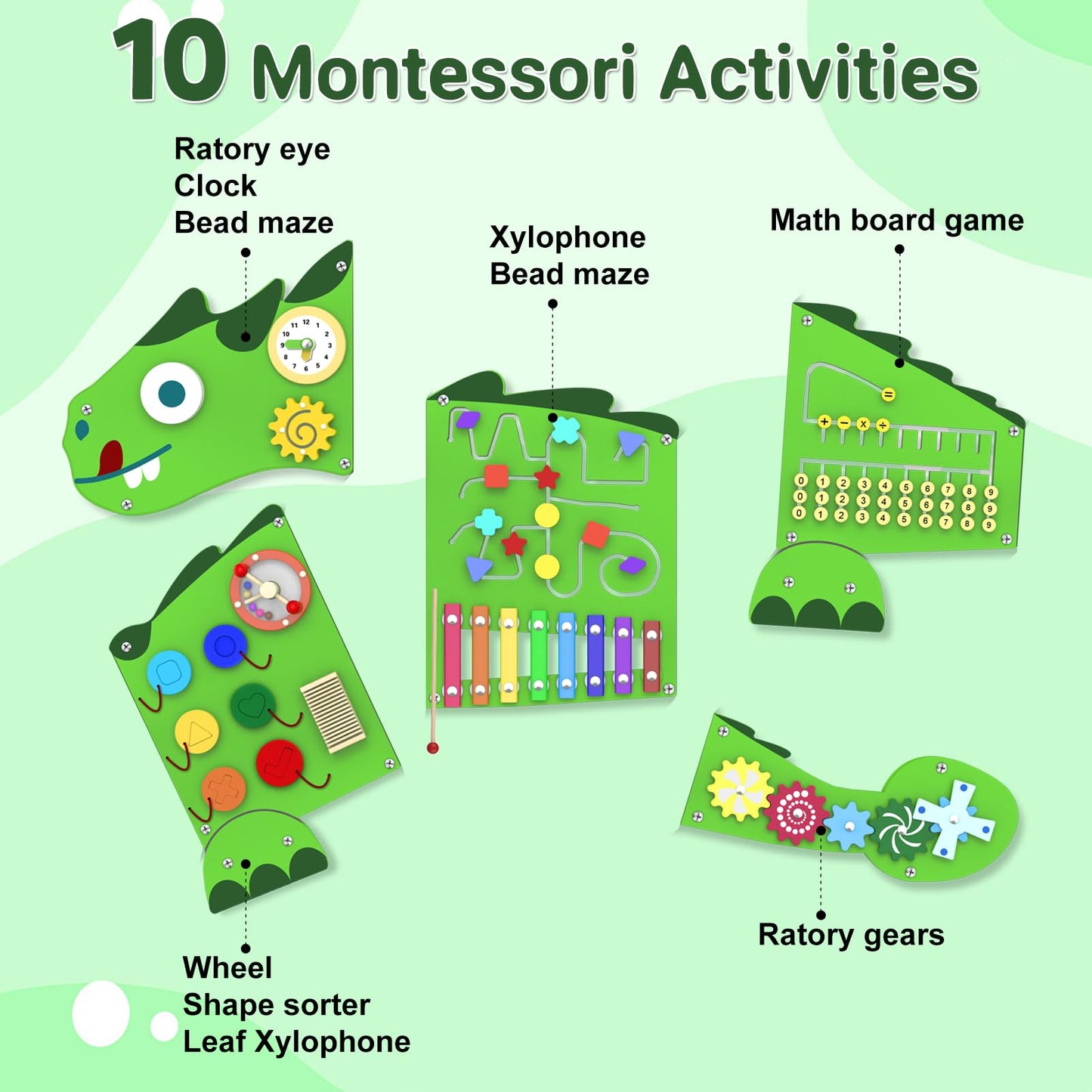 Sinpedex Activity Wall Panels for Kids: Dinosaur Sensory Wall Board for 3+ Years with 10 Activities - Wooden Decor for Toddler Playrooms Bedrooms Daycares