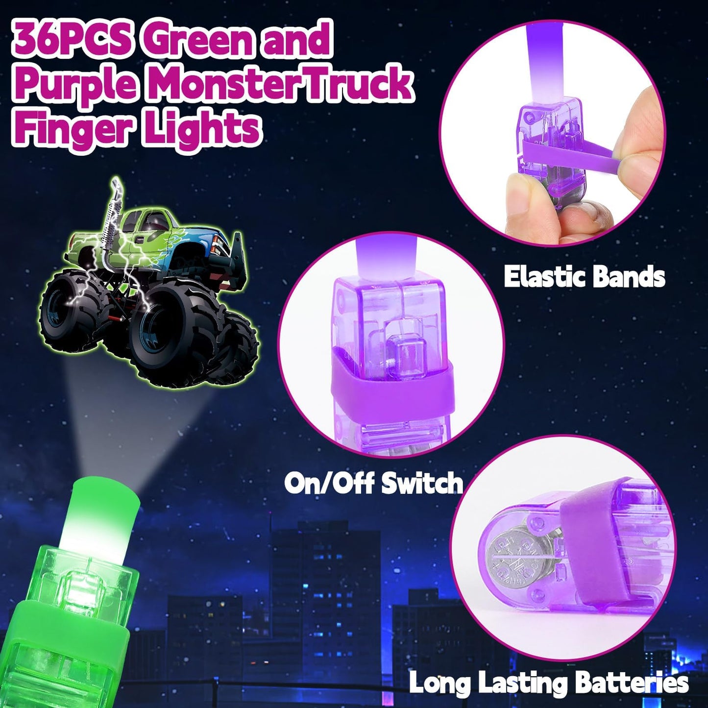36Pcs Monster Truck LED Finger Lights Truck Toys Party Favors Glow in the Dark Light Up Finger Lights Racing Themed Toys Bulk for Kids Birthday Party Goodie Bag Stuffer Birthday Gifts Classroom Prize