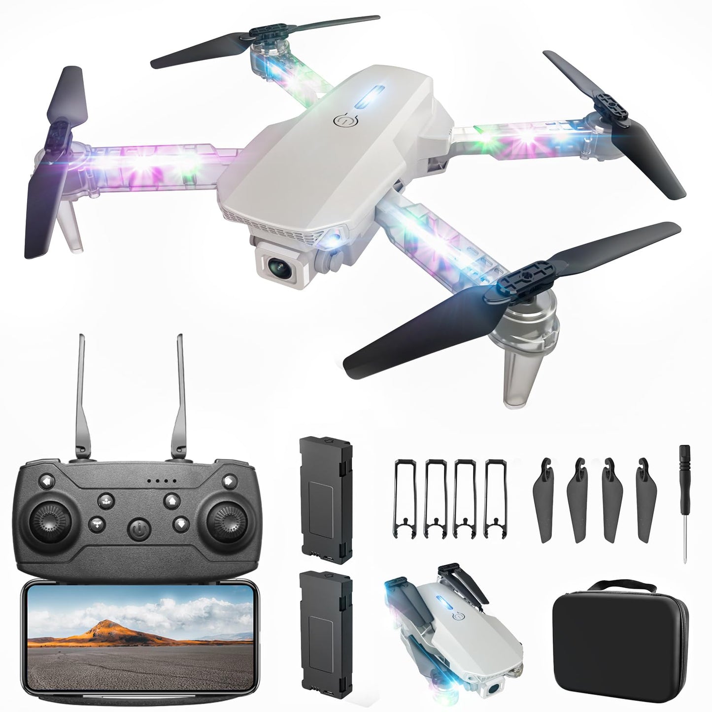 BEZGAR Drone with Camera for KIds - 1080P HD FPV RC Quadcopter with 90° Adjustable Lens, Coloeful LED Lights, Gestures Selfie, One Key Start, 360° Flips, Toys Gift Mini RC Drone for Boys Adults, White