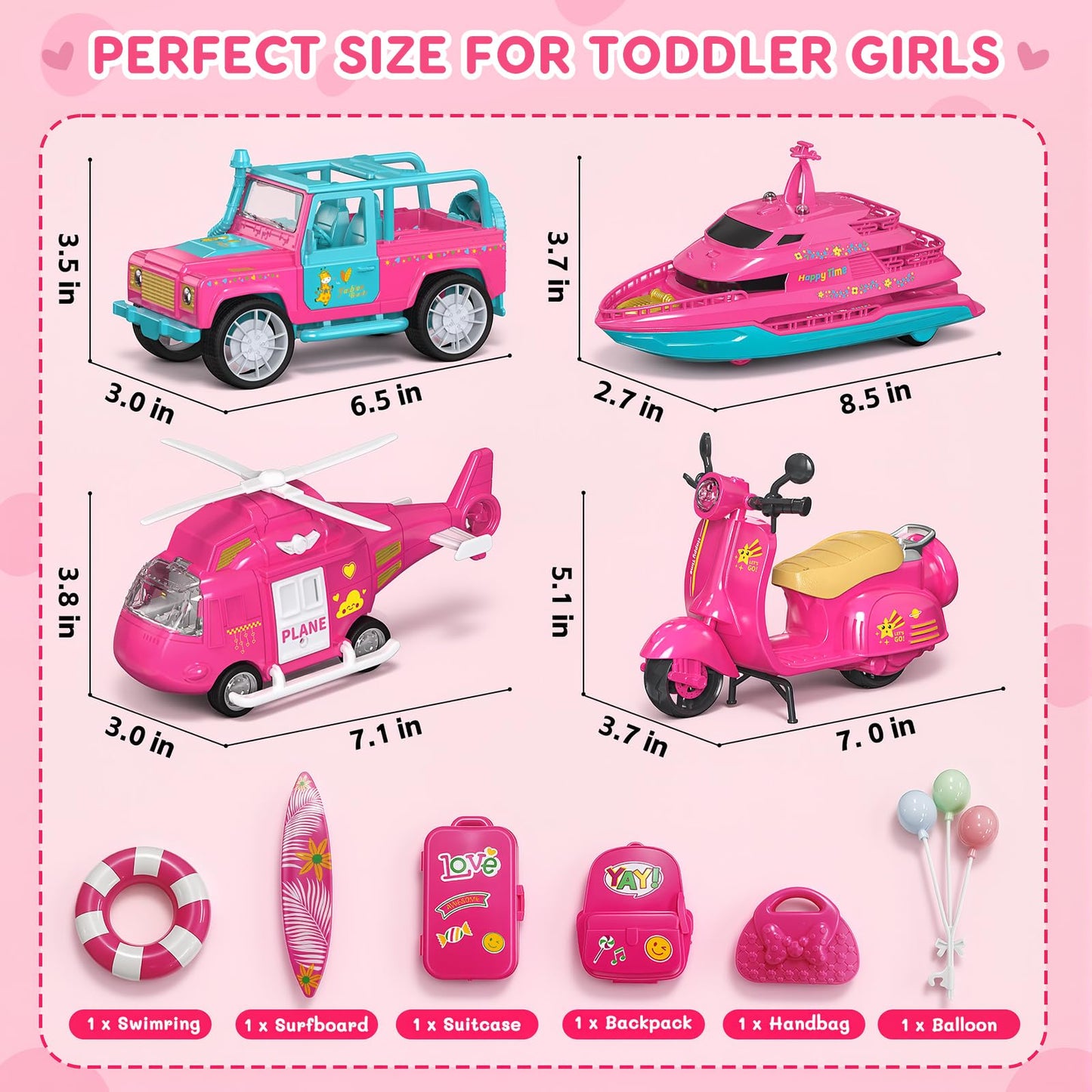 Eviboy 10-in-1 Car Toys Set, Battery-Powered Vehicle Toys with Lights & Sounds, Includes Off-Road Vehicle, Yacht, Motorcycle & Helicopter, Perfect Birthday for Girls Ages 3-6（Pink）